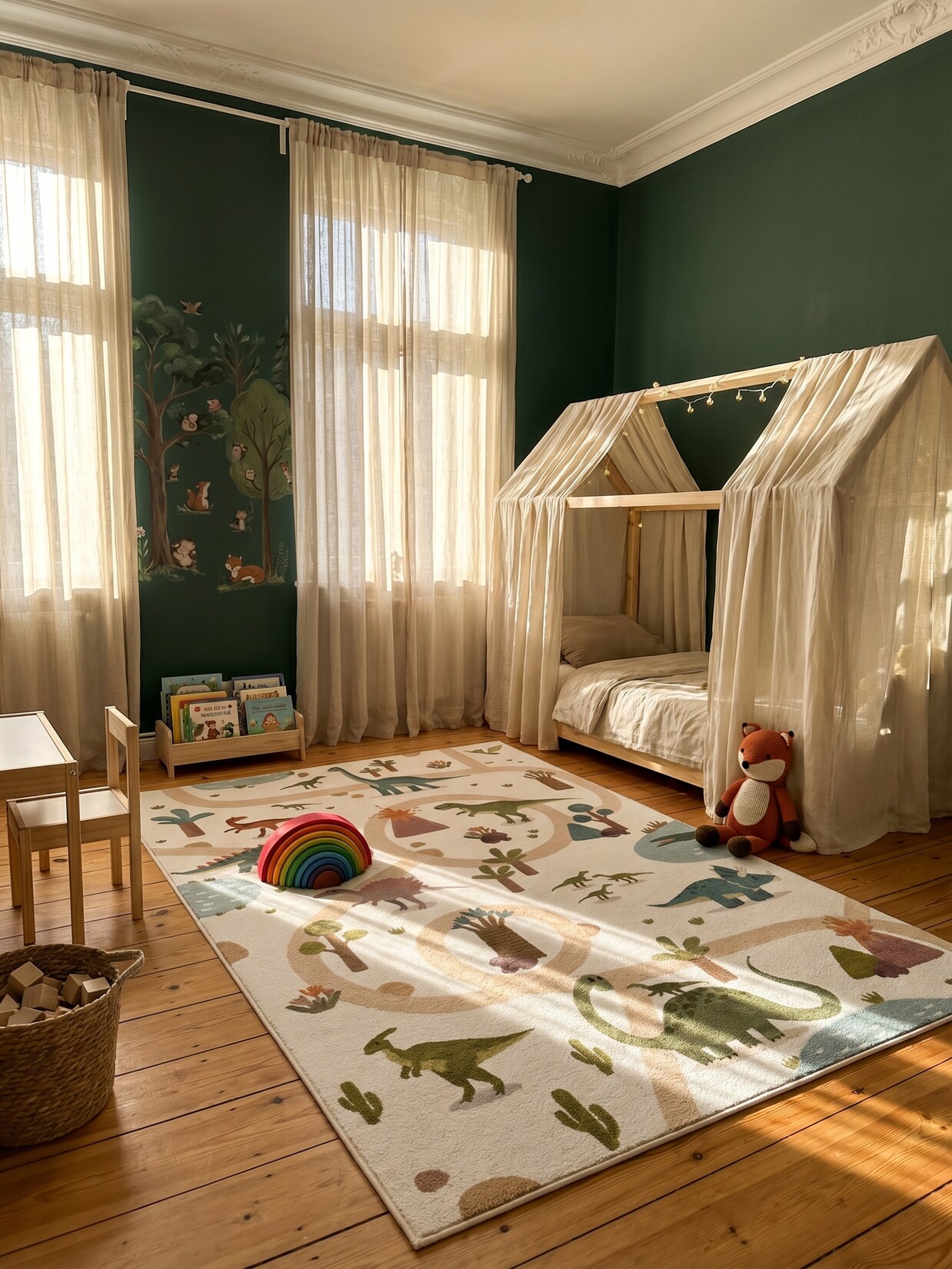 Spielteppich Waschbar TINO in Creme, mit Dino-Landschaft, 80 x 150 cm