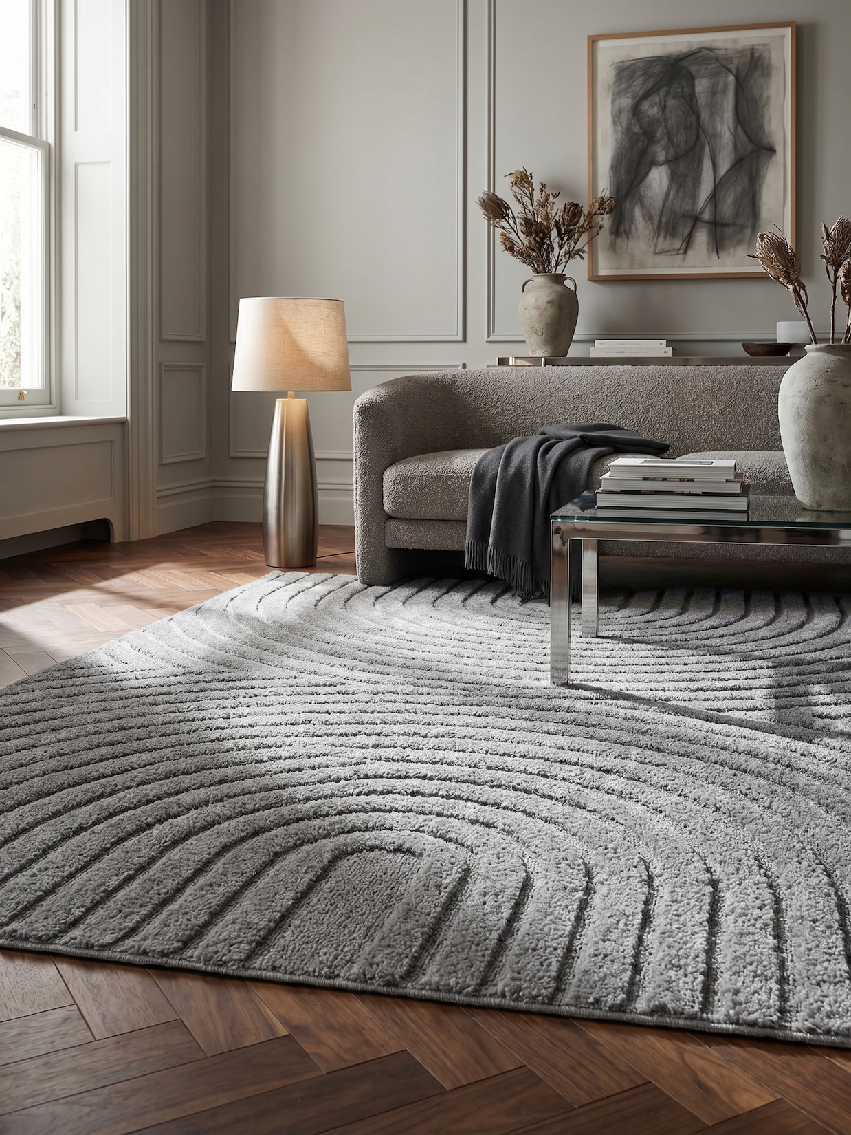 Hochflorteppich Organische Bögen mit 3D-Effekt Silber 200x290 cm Waschbar