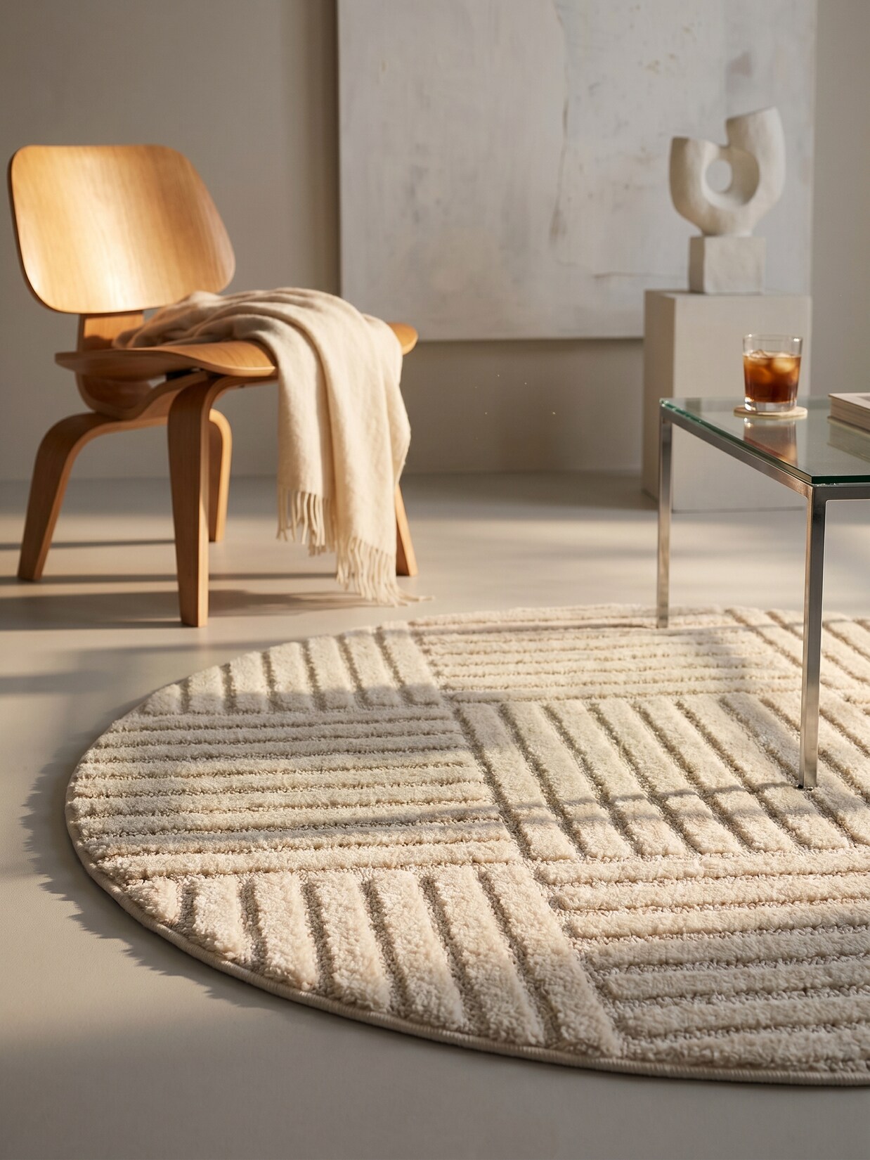 Hochflorteppich Cord-Streifen-Patchwork Creme 120x120 cm Waschbar