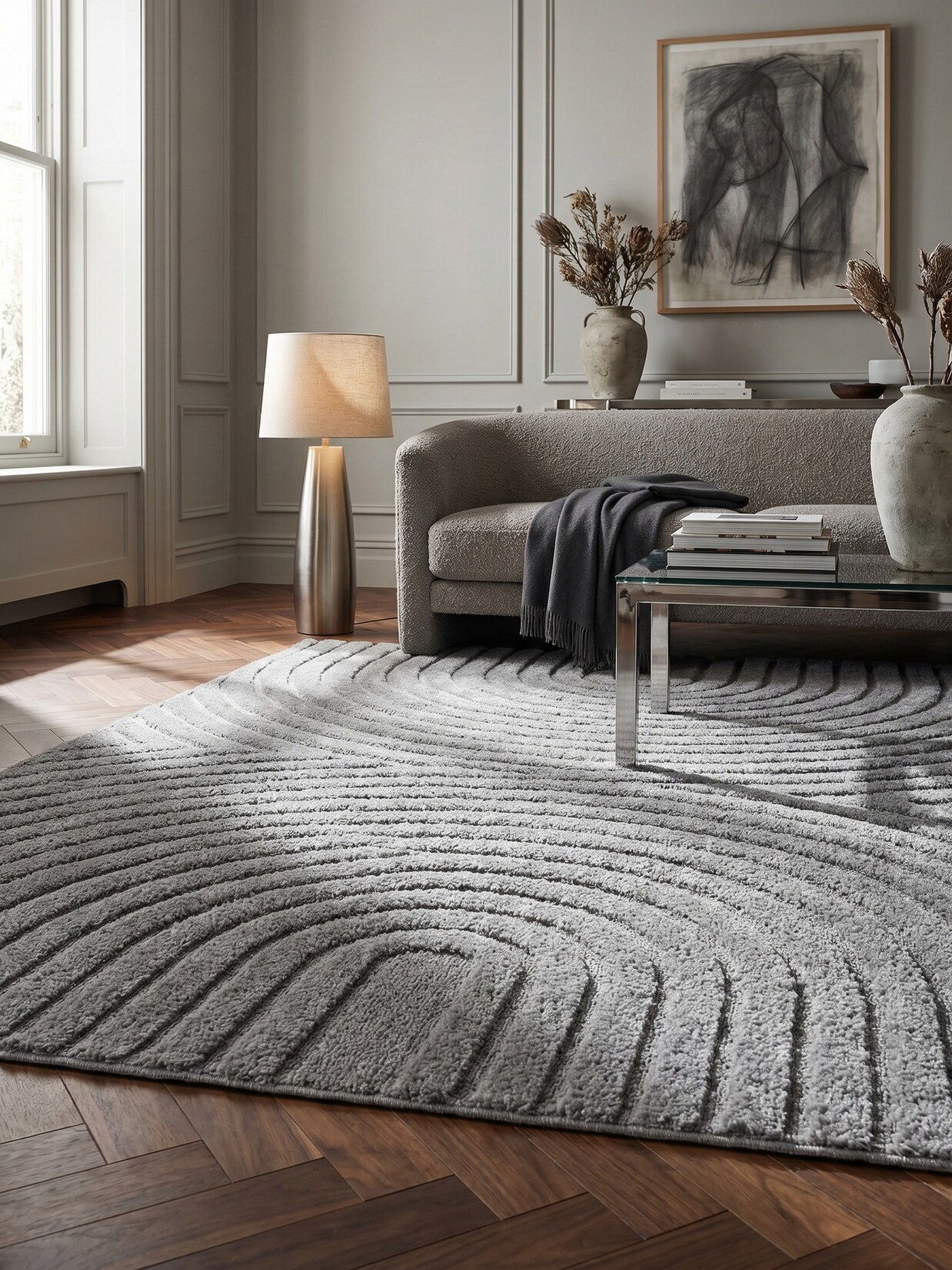 Hochflorteppich Organische Bögen mit 3D-Effekt Silber 120x170 cm Waschbar