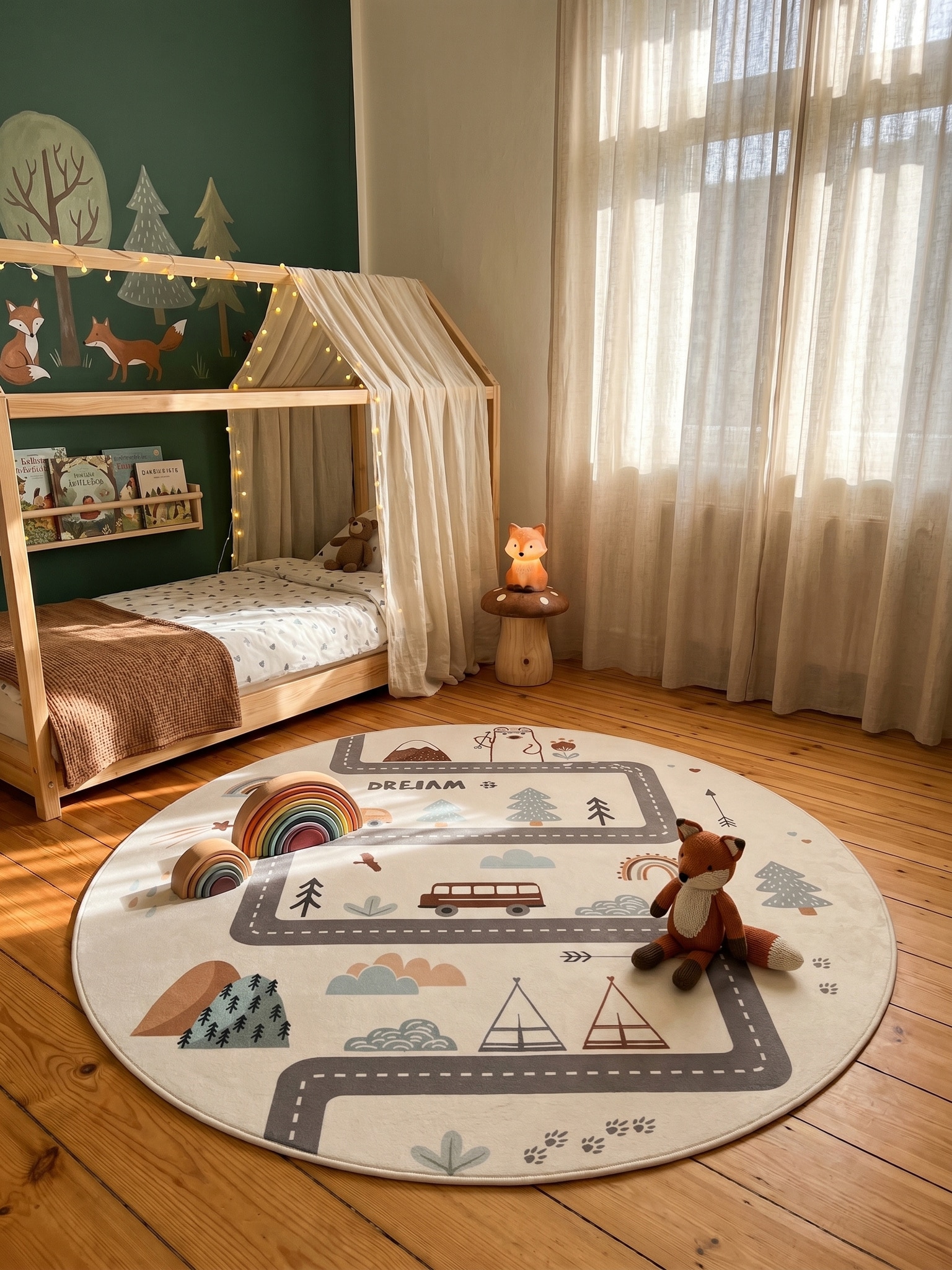 Kinderteppich Stra&szlig;enkarte Abenteuer Creme 160x160 cm Waschbar - Bild 1