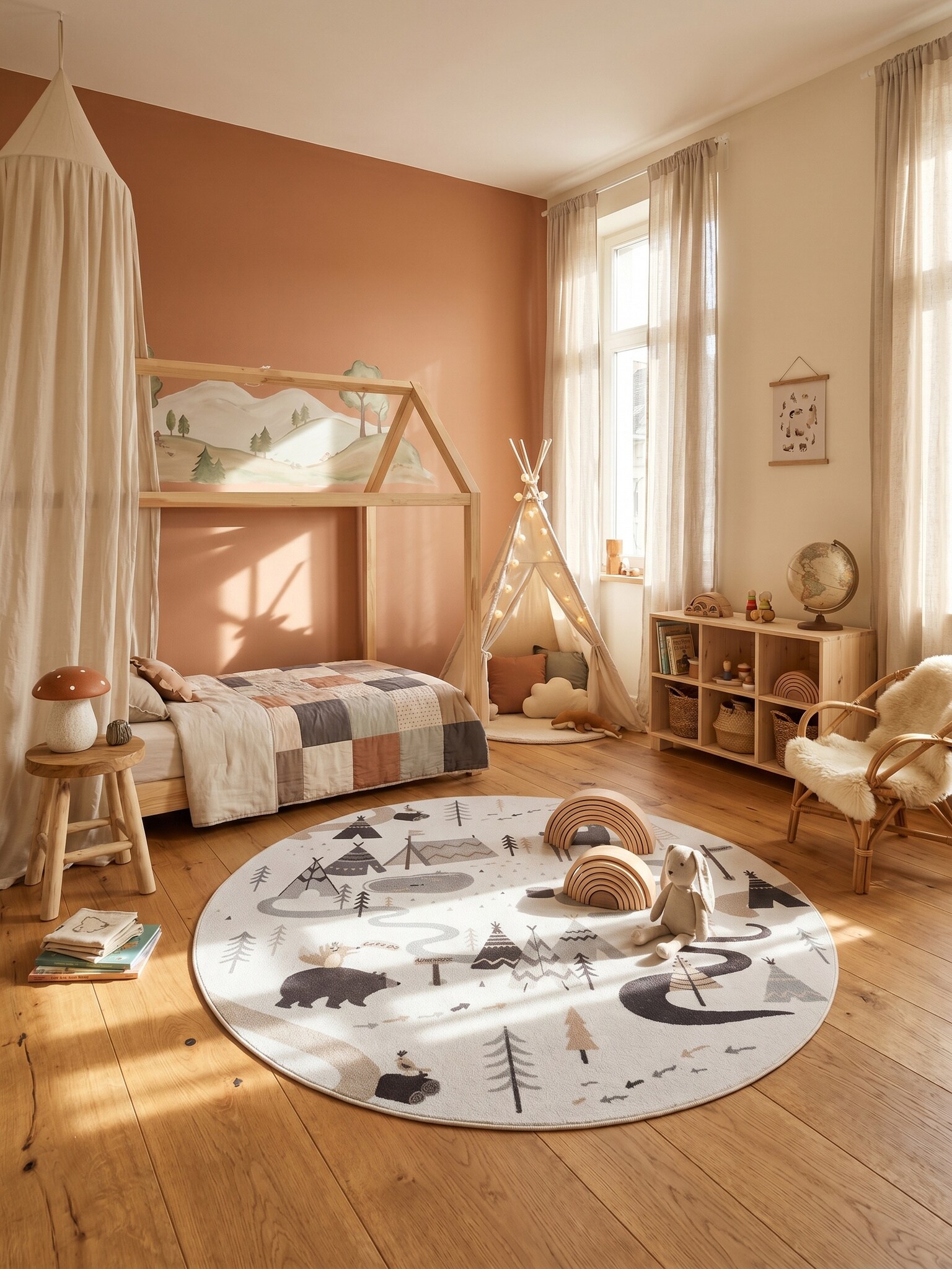 Kinderteppich Waldabenteuer mit Tieren Creme 120x120 cm Waschbar - Bild 1