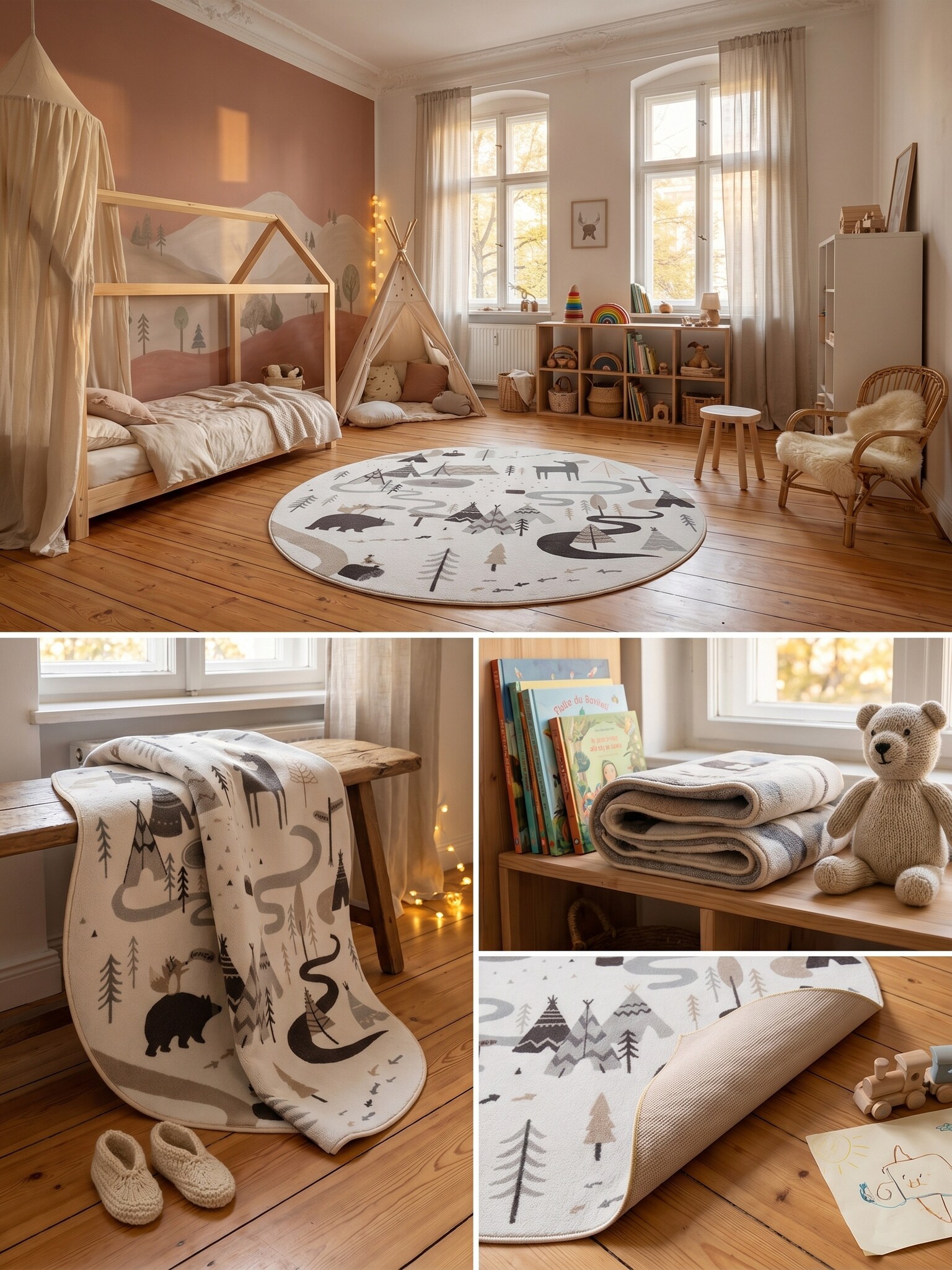 Kinderteppich Waldabenteuer mit Tieren Creme 200x200 cm Waschbar online kaufen bei Netto