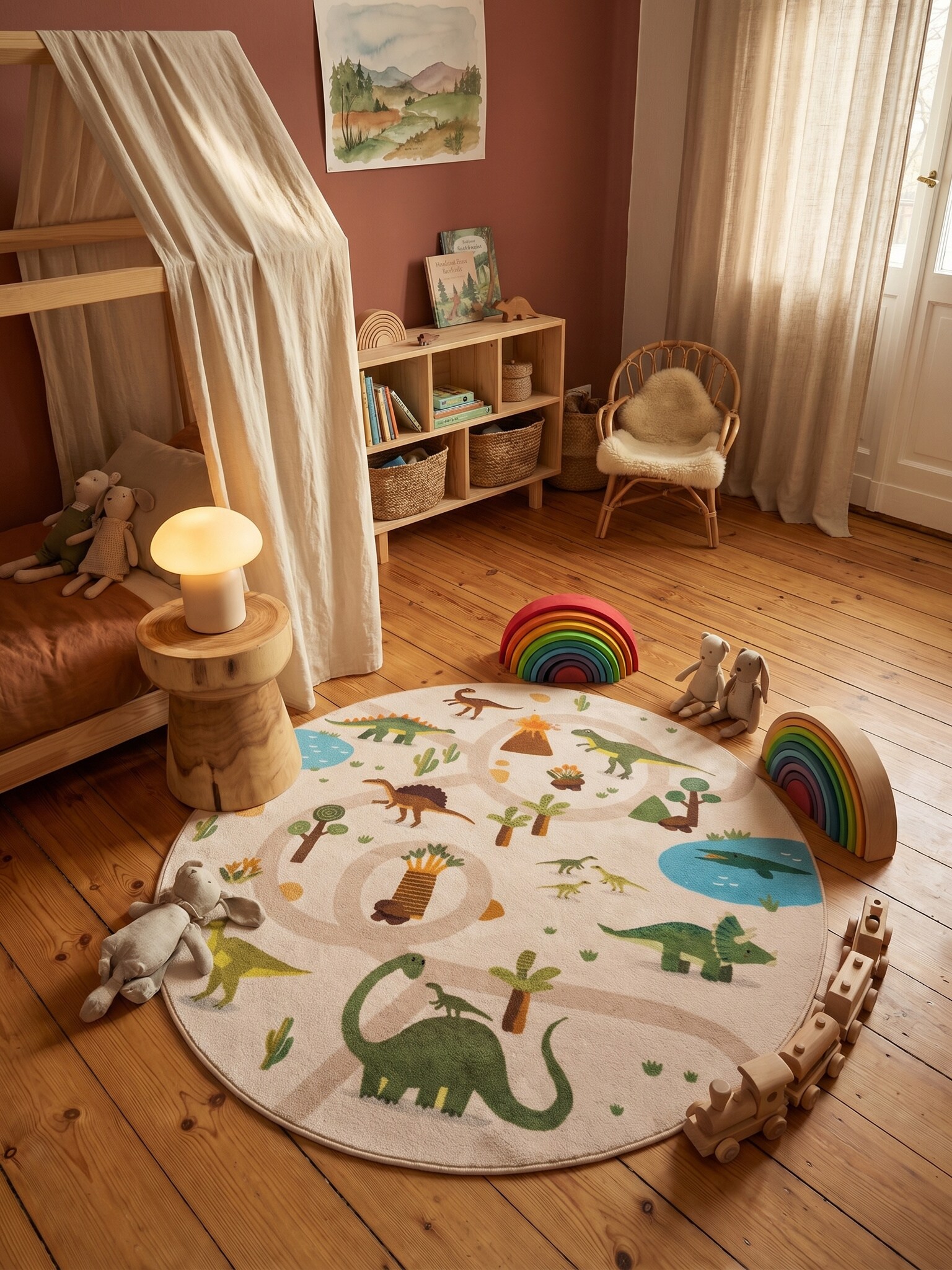 Kinderteppich Dinosaurier-Landschaft Beige 120x120 cm Waschbar - Bild 1