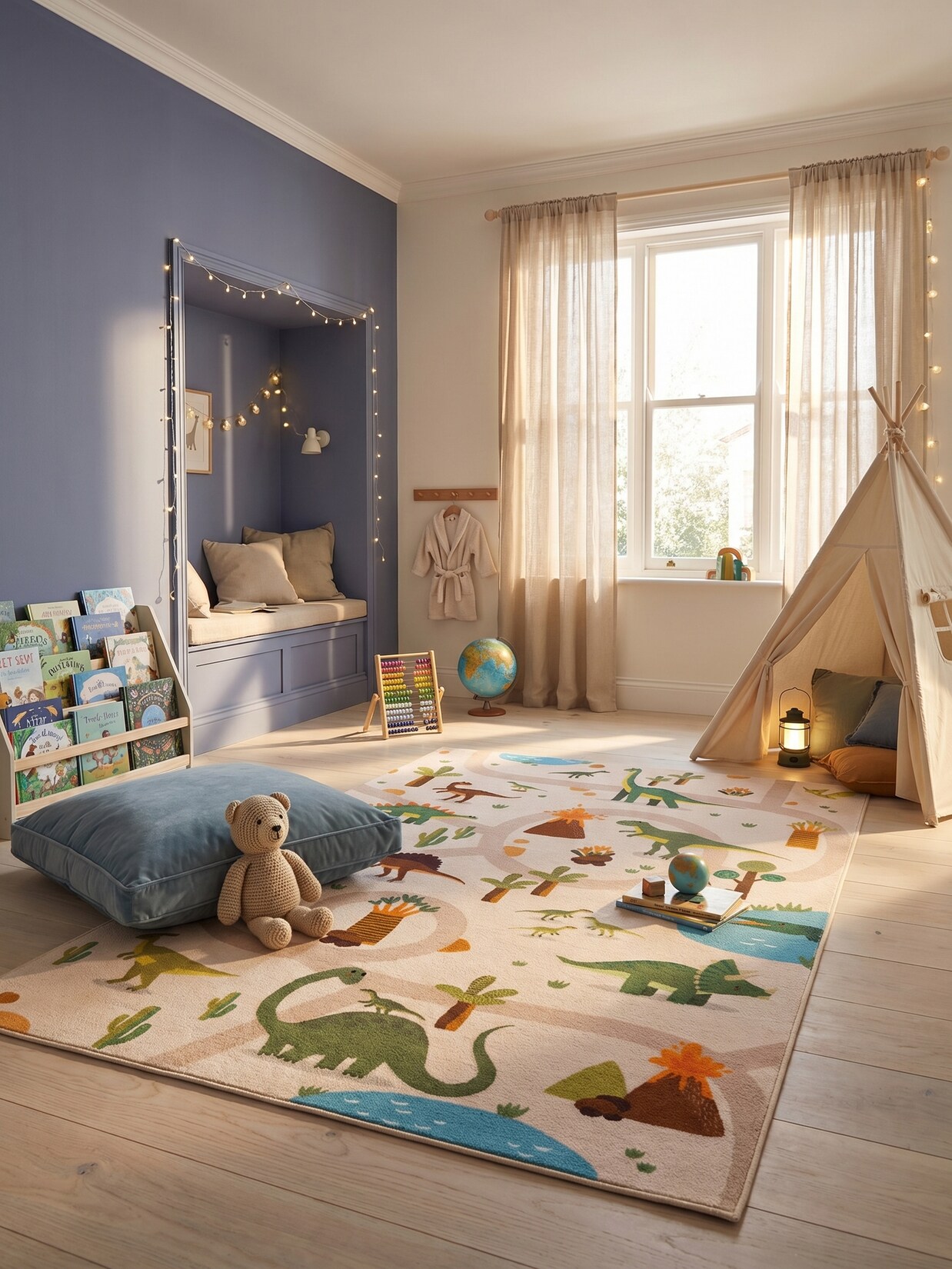 Kinderteppich Dinosaurier-Landschaft Beige 80x150 cm Waschbar