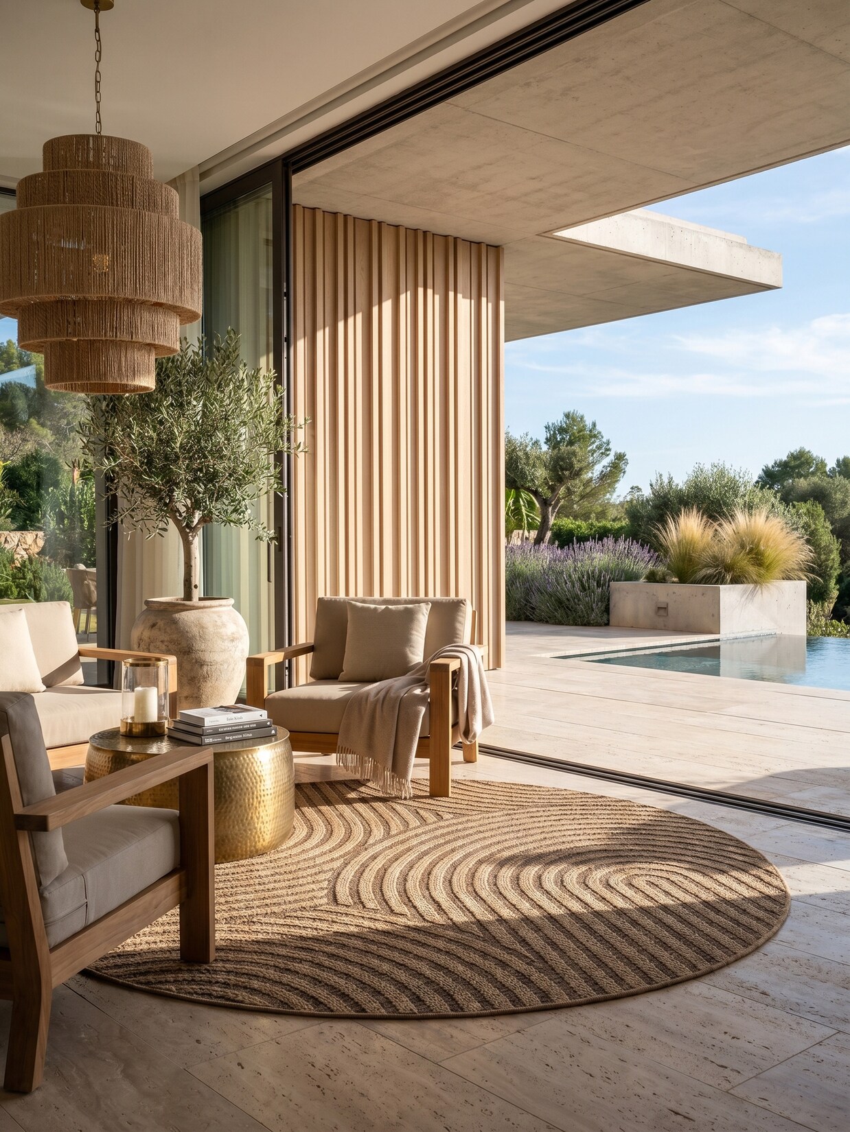 Outdoor-Teppich Jute-Optik Bögen Beige 120x120 cm Wetterfest