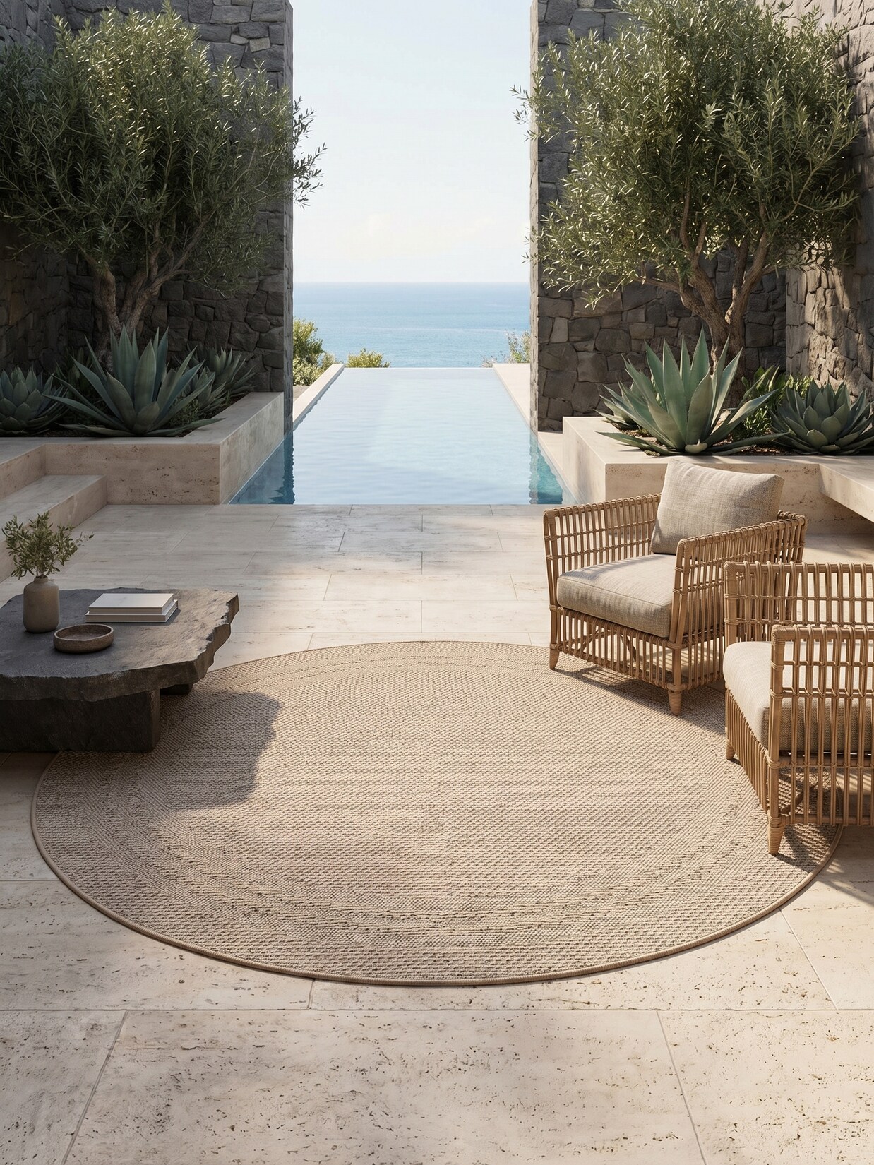 Outdoor-Teppich Bordüre Natur Beige 120x120 cm Wetterfest