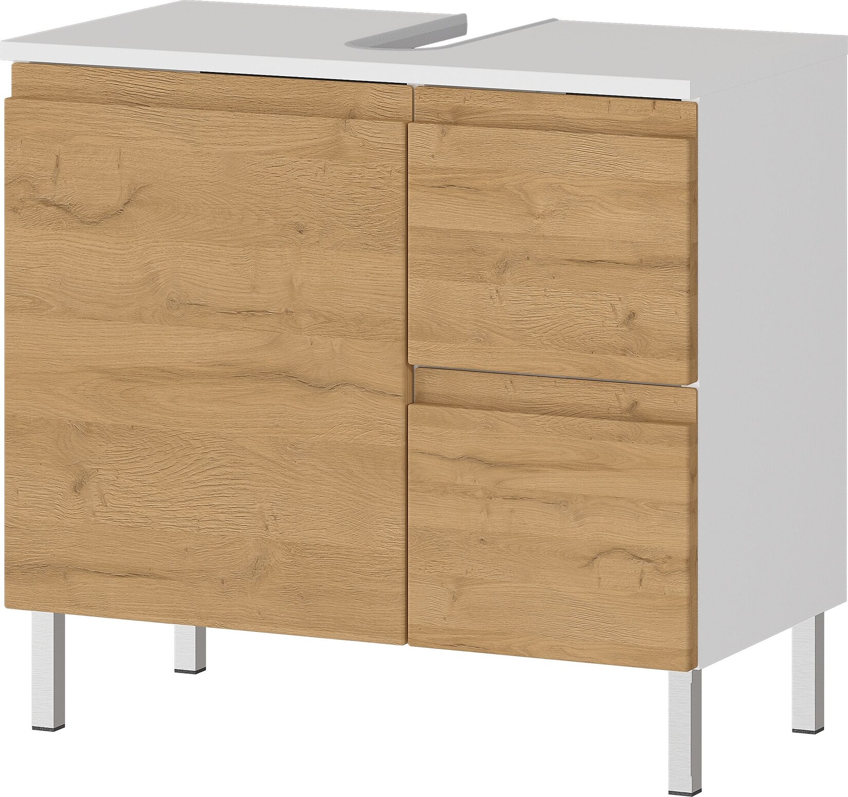 Waschbeckenunterschrank Weiß und Eiche Grandson 60x34x56 cm mit Chromfüßen VEER