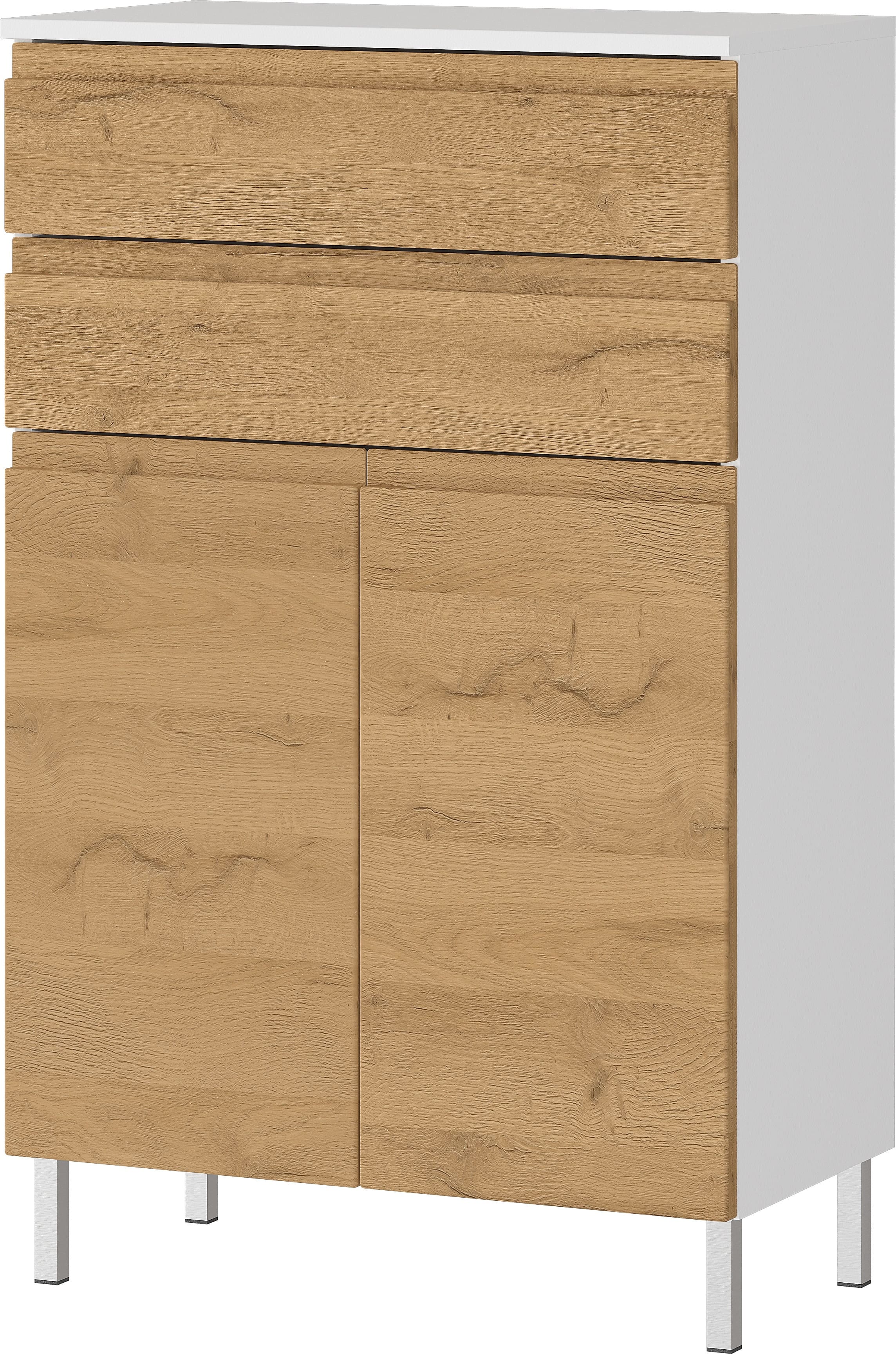 Stauraumkommode, Badschrank mit Schubladen, 60x34x97, in Wei&szlig; und Grandson-Eiche, Chromf&uuml;&szlig;e, Grifflose, "Veer"-Serie | Kadima Design - Bild 1
