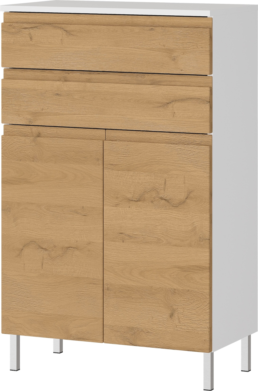 Badschrank Weiß und Eiche Grandson 60x97x34 cm mit Schubladen, Chromfüßen und griffloser Front VEER