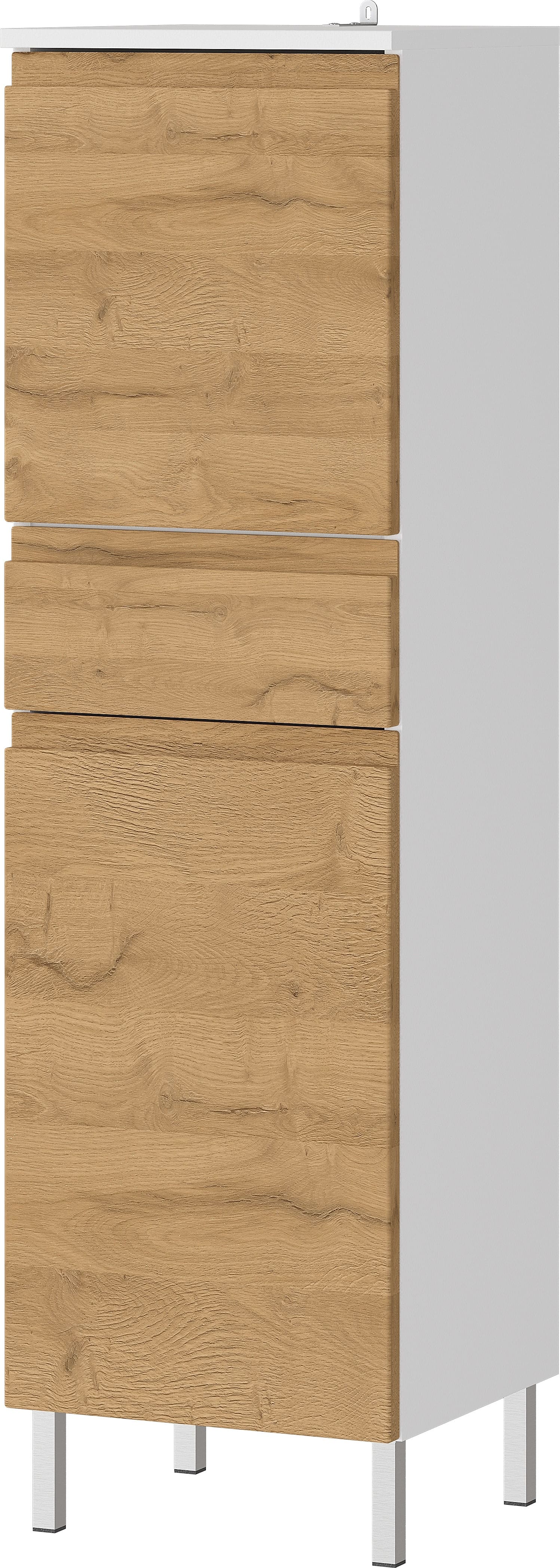 Hochschrank mit verstellbaren Einlegeb&ouml;den, 34x34x120, in Wei&szlig; und Grandson-Eiche, Grifflose, Chromf&uuml;&szlig;e, "Veer" Kollektion | Kadima Design - Bild 1