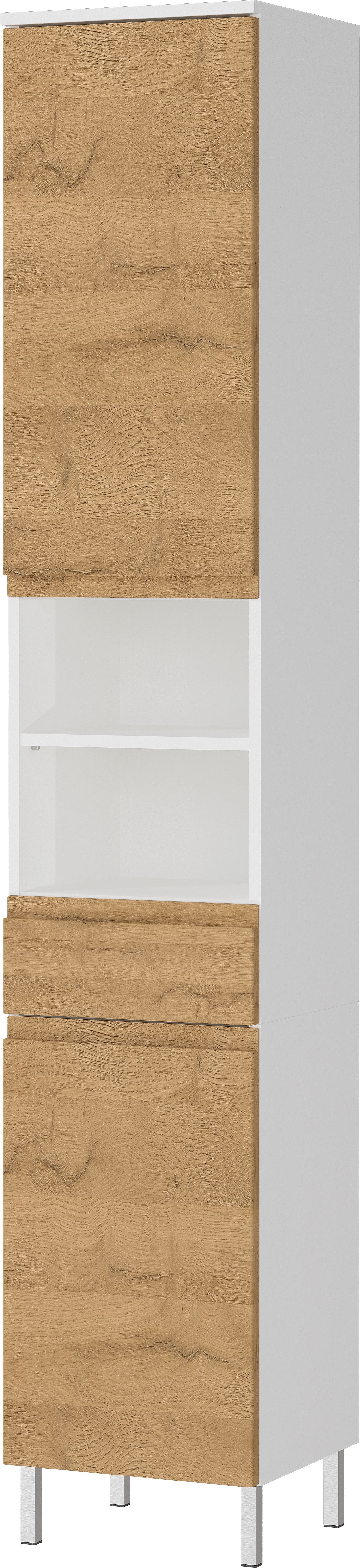 Hochschrank mit einstellbaren F&auml;chern und Schublade, 34x34x190, in Wei&szlig; und Grandson-Eiche, mit Chromf&uuml;&szlig;en, verstellbare B&ouml;den, "Veer" | Kadima Design - Bild 1