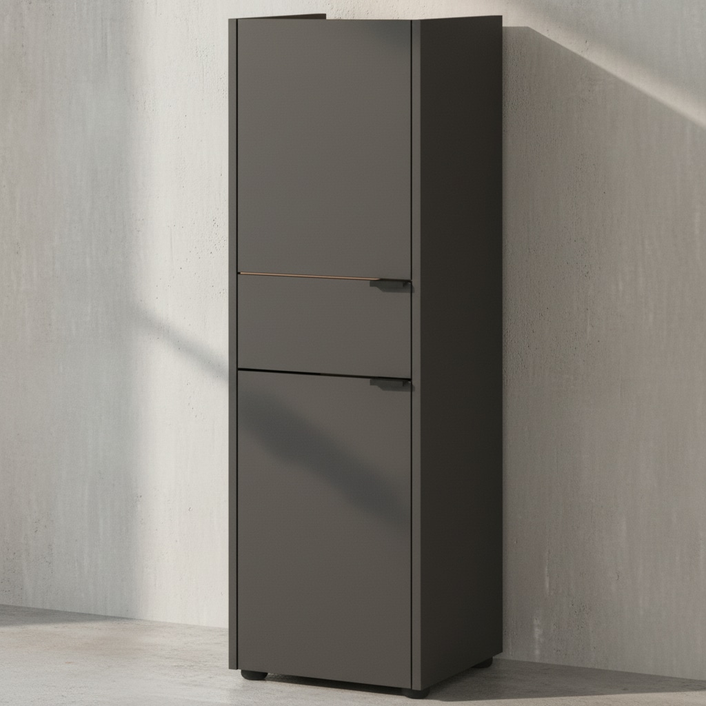 Midischrank mit Schublade aus Eiche-Optik mit Soft-Close-Funktion, Grau-Beige 34x34x111 cm
