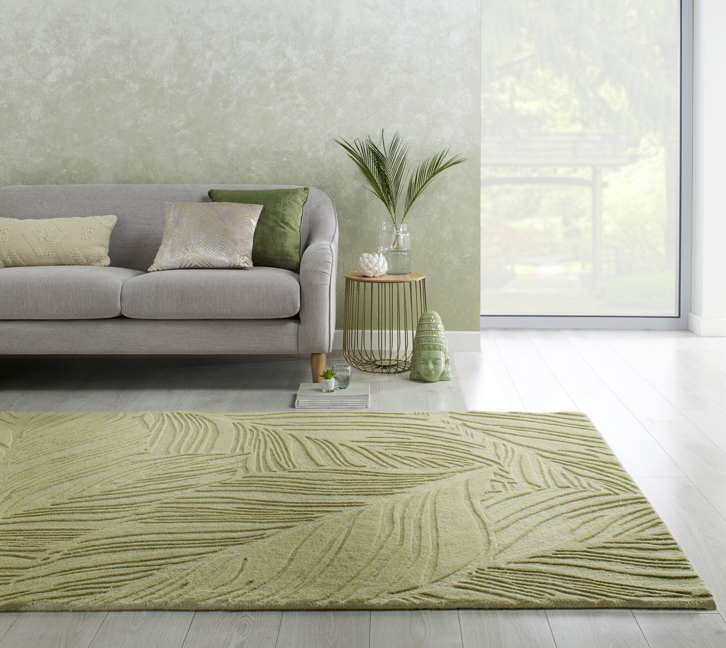 Wollteppich floral Gr&uuml;n-Beige 200 x 290 cm - LEVEN | Kadima Design - Bild 1