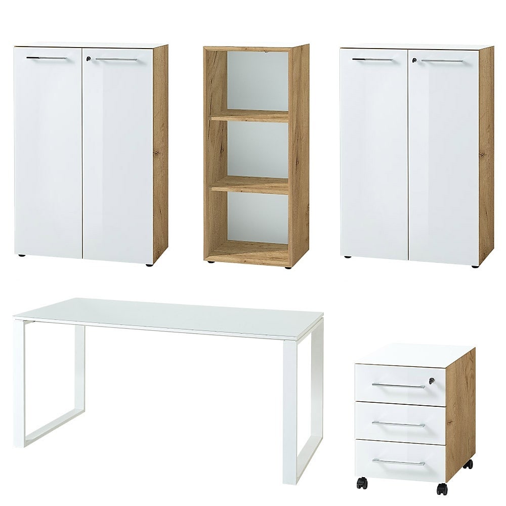 B&uuml;rom&ouml;bel Set 5-teilig Komplettb&uuml;ro | Schreibtisch, Container, 2 Schr&auml;nke, Regal | Glasfront, Soft-Close | Made in Germany | Chalet-Eiche-Nb./Wei&szlig; - Bild 1