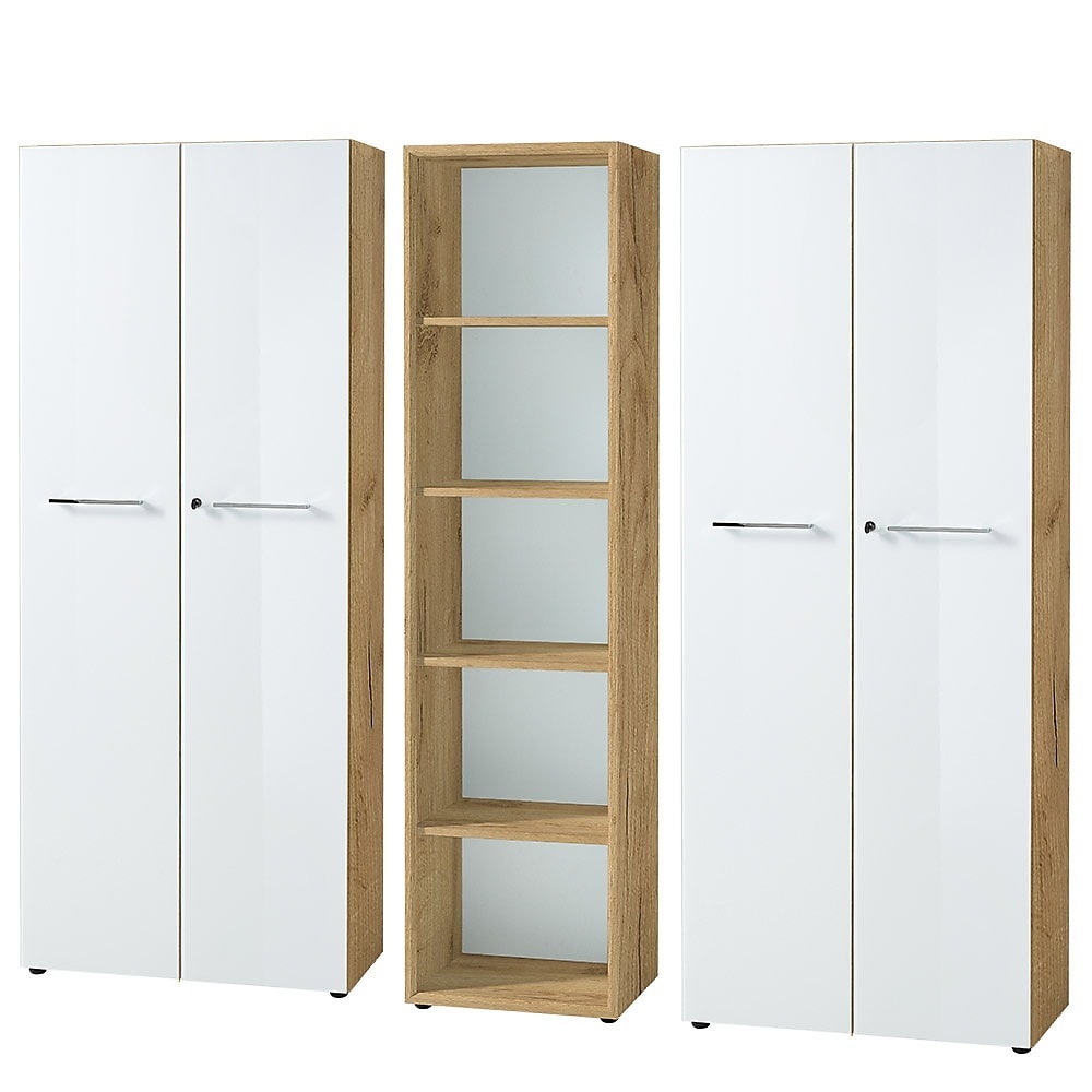 Aktenschrank Set 3-teilig Schrankwand | 5 Ordnerh&ouml;hen | 2 Schrank Abschlie&szlig;bar & Regal | Glasfront Soft-Close | Chalet-Eiche-Nb./Wei&szlig; Serie MUENCHEN - Bild 1