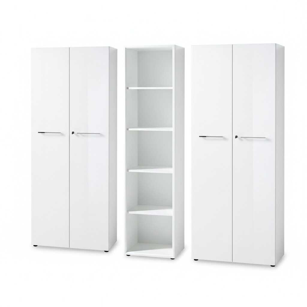 Aktenschrank Set 3-teilig Schrankwand Wei&szlig; | 5 Ordnerh&ouml;hen | 2 Schrank Abschlie&szlig;bar & Regal | Glasfront Soft-Close | Serie MUENCHEN Kadima Design - Bild 1
