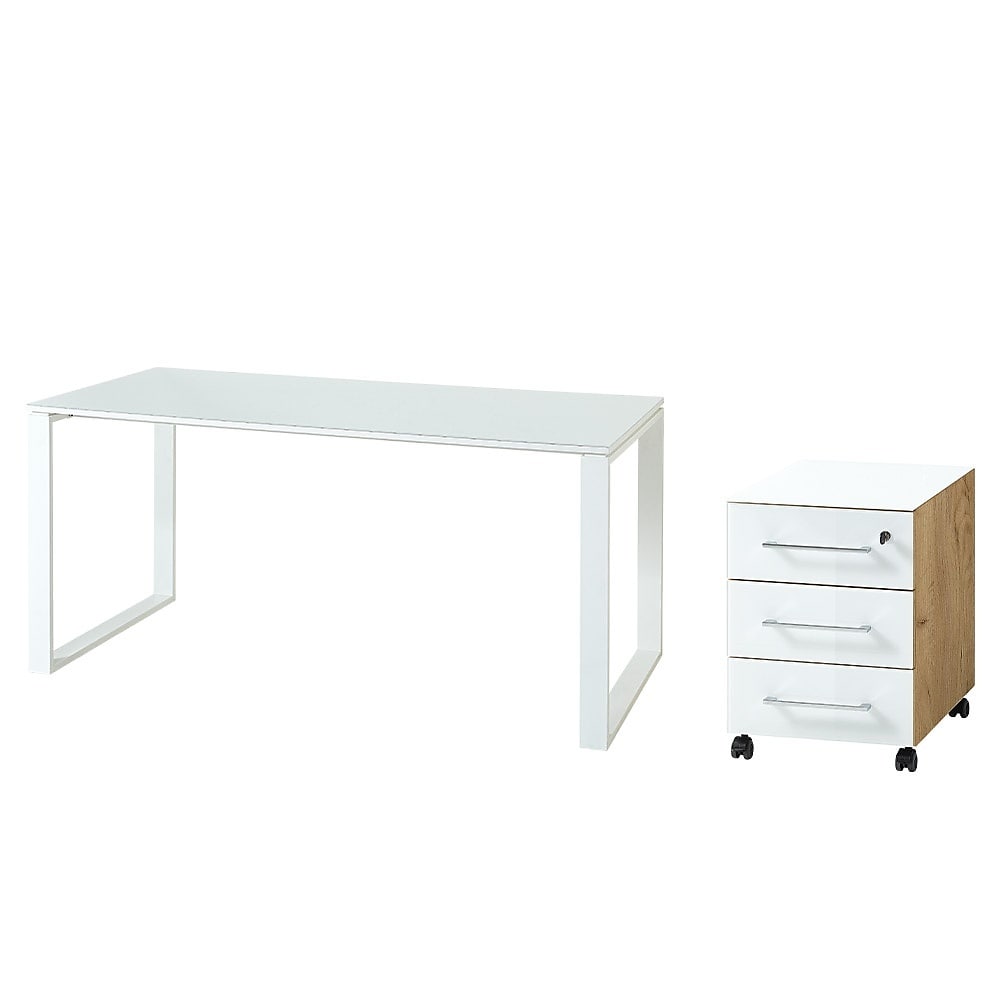 Schreibtisch Set MUENCHEN | 160x80cm Tisch & Container | Glasplatte Soft-Close Abschlie&szlig;bar | Chalet-Eiche-Nb./Wei&szlig; | Kadima Design - Bild 1