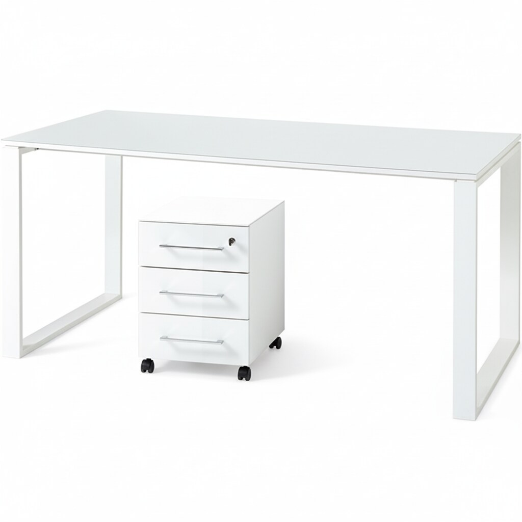Schreibtisch Set 2-teilig mit Rollcontainer Wei&szlig; | 160x80 cm Tisch & Container | Glasplatte Soft-Close Abschlie&szlig;bar | Serie MUENCHEN Kadima Design - Bild 1