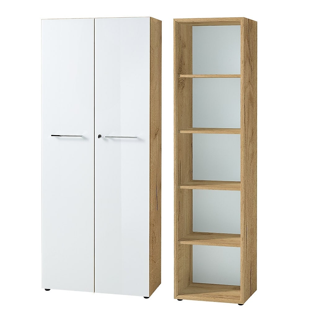 Büro-Set MUENCHEN 2-teilig Schrank & Regal 5 OH Glas Front & Abschließbar Chalet-Eiche-Nb./Weiß