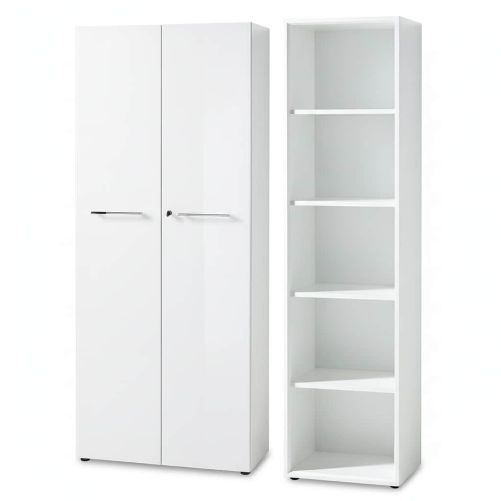 Aktenschrank Set 2-teilig MUENCHEN Wei&szlig; | 5 Ordnerh&ouml;hen | Schrank & Regal | Glasfront Soft-Close | B&uuml;rowand Made in Germany | Kadima Design - Bild 1