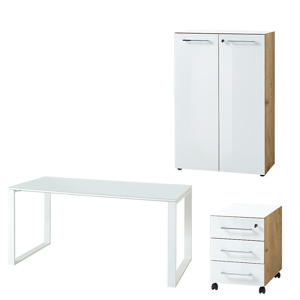 Büro-Set MUENCHEN   Schreibtisch Aktenschrank Container   Glasplatte Soft-Close Abschließbar   Chalet-Eiche-Nb./Weiß   Made in Germany   Kadima Design | 04255898504833