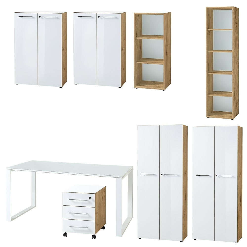 B&uuml;ro-Set 8-tlg Komplettb&uuml;ro MUENCHEN | Schreibtisch, 6 Schr&auml;nke, Container | Glasfront Soft-Close Abschlie&szlig;bar | Chalet-Eiche-Nb./Wei&szlig; | Kadima Design - Bild 1