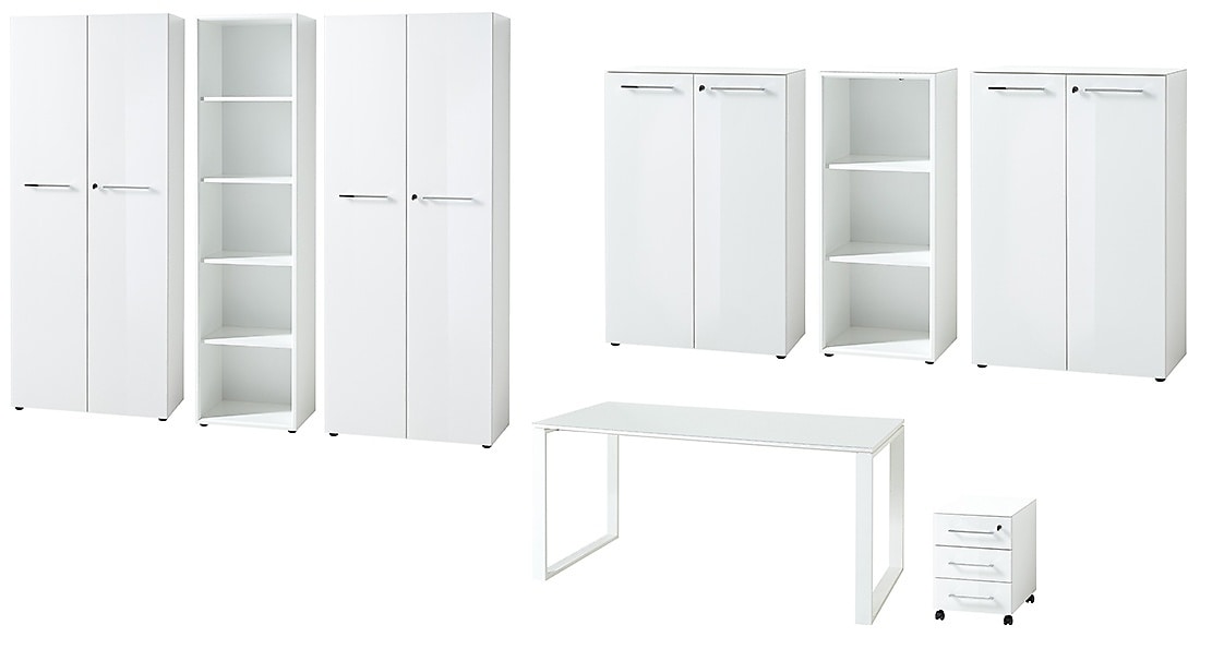 B&uuml;ro-Set 8-tlg Komplettb&uuml;ro MUENCHEN Wei&szlig; | Schreibtisch, 6 Schr&auml;nke, Container | Glasfront Soft-Close Abschlie&szlig;bar | Made in Germany | Kadima Design - Bild 1