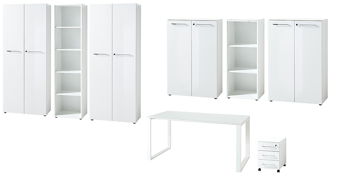 Büro-Set 8-tlg Komplettbüro MUENCHEN Weiß   Schreibtisch, 6 Schränke, Container   Glasfront Soft-Close Abschließbar   Made in Germany   Kadima Design | 04255898504864
