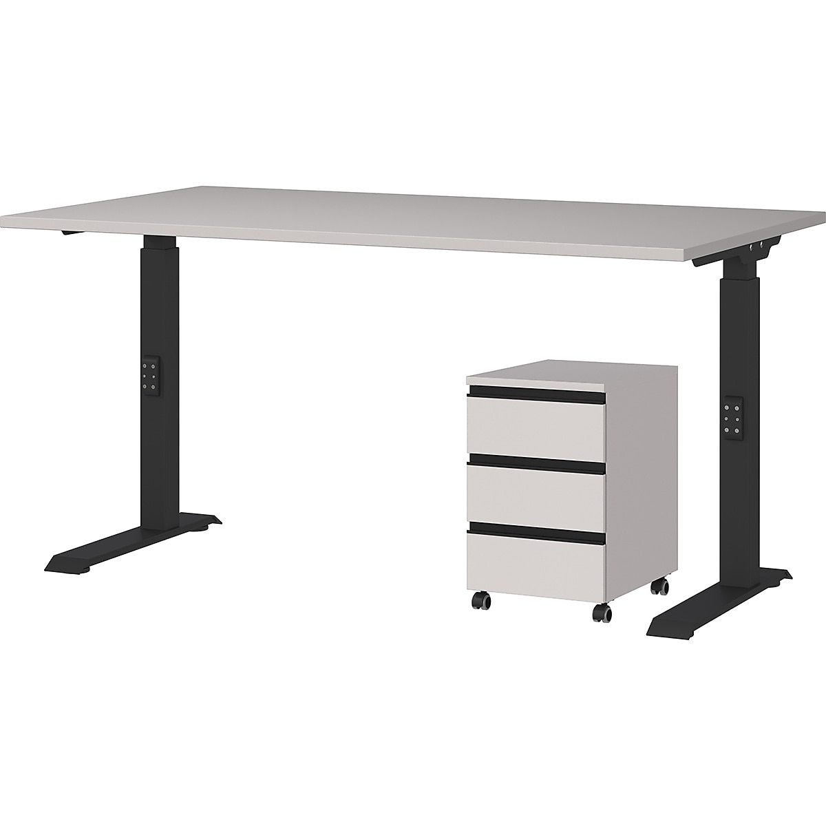 Büromöbel Set 2-teilig Schreibtisch 140x80cm & Rollcontainer Greige/Schwarz Einstellbar 68-91 cm & Soft-Close