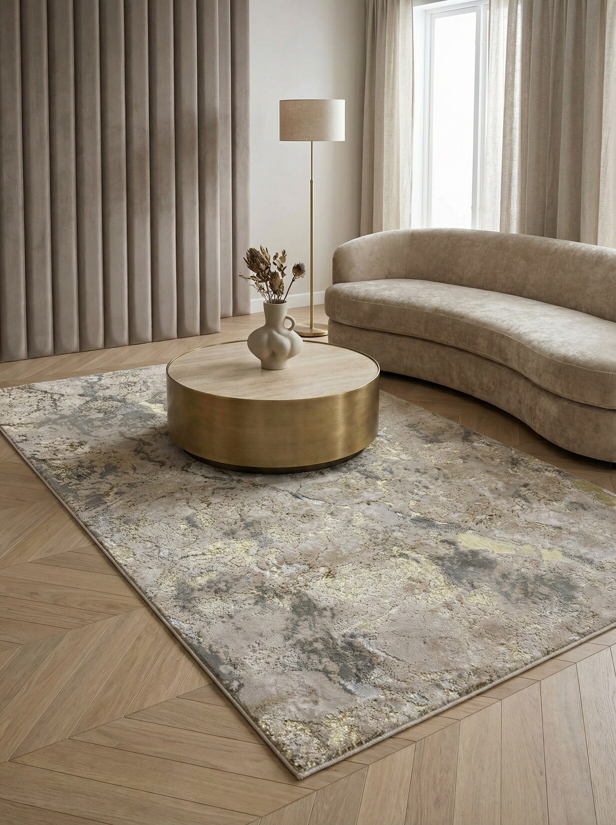 Teppich SARNTAL, abstrakt, aus Polyester, Gold, 200 x 290 cm