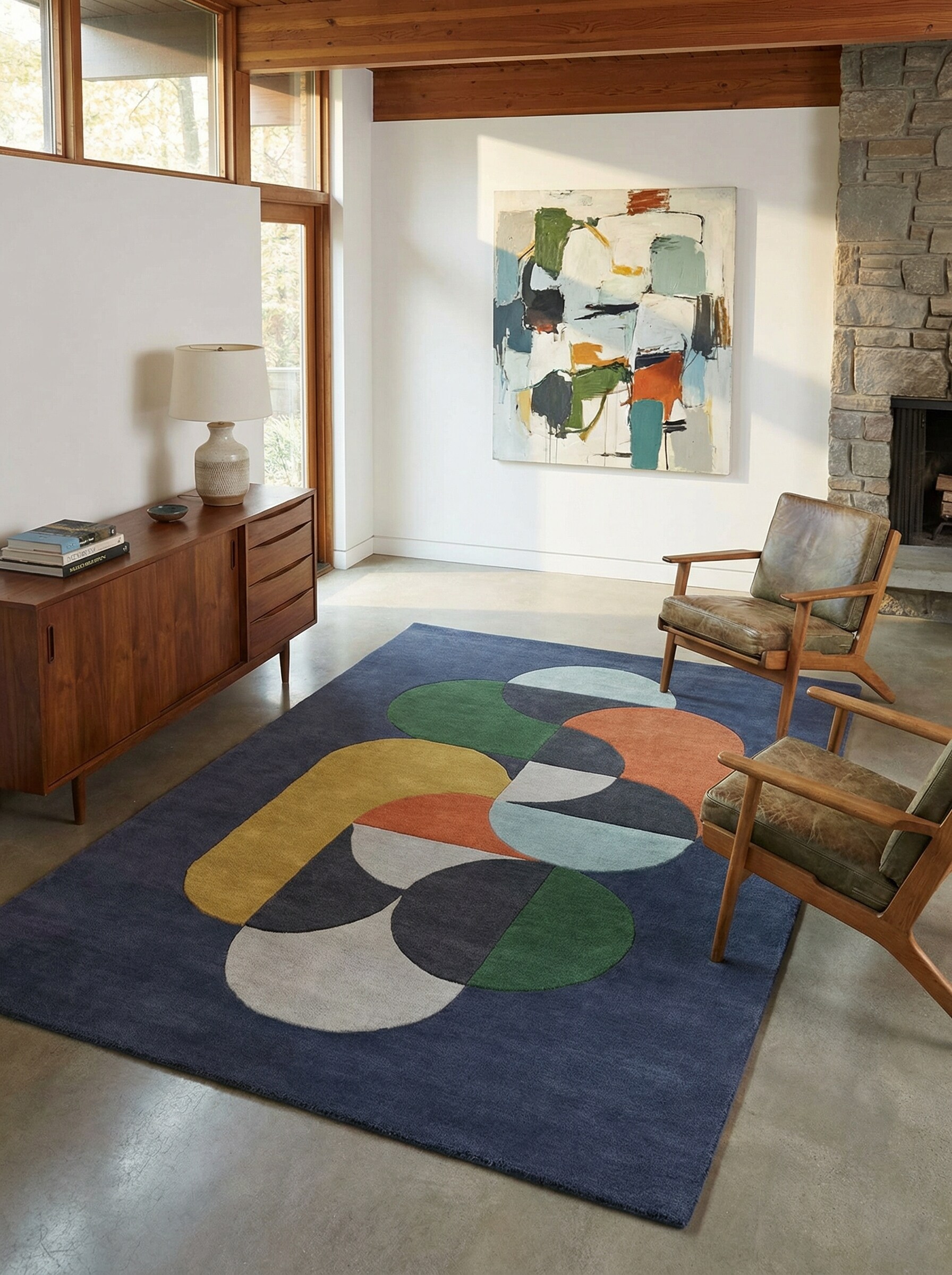 Wollteppich handgewebt HULL-Beverley, geometrisch, Dunkelblau, 160 x 230 cm - Bild 1