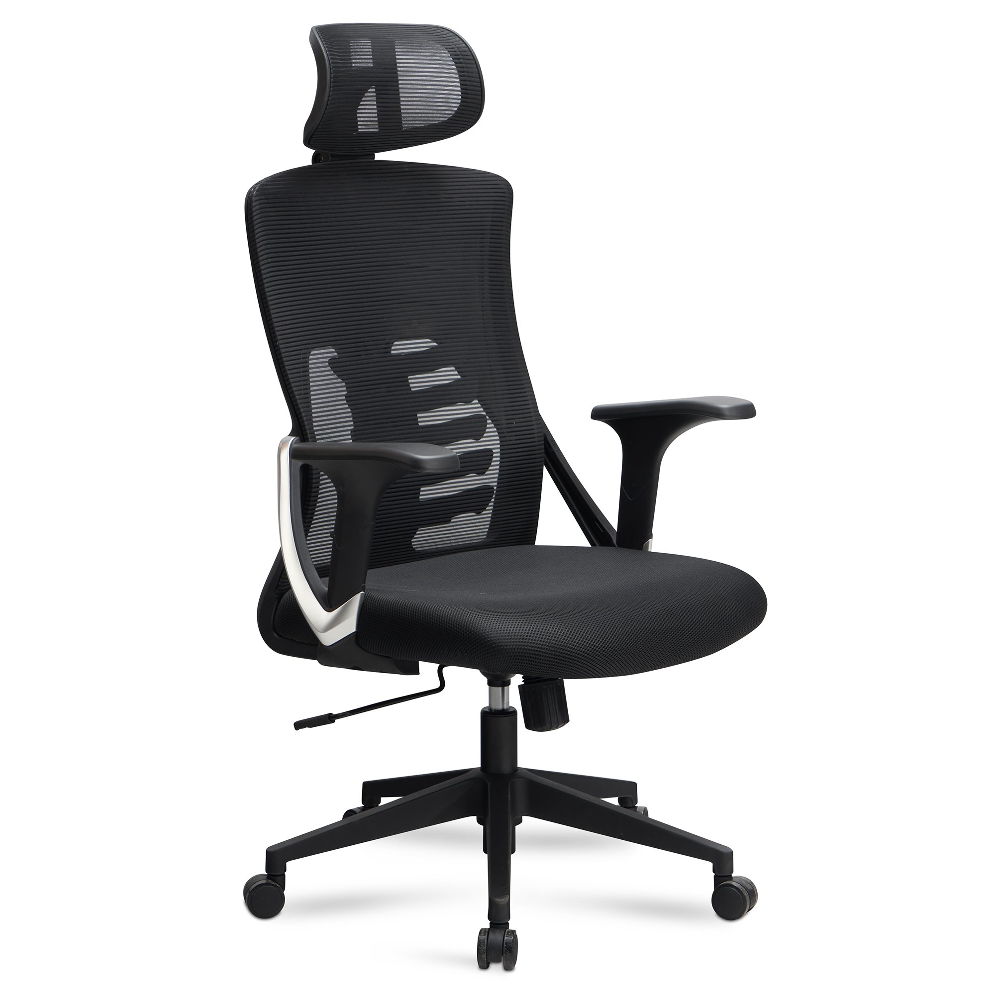 B&uuml;rostuhl Ergonomisch mit Mesh-Netzgewebe | 65x65x123 cm Drehbar | Schwarz-Silber | 4-Fach Lordose & Kopfst&uuml;tze | Astra Kollektion | Kadima Design - Bild 1