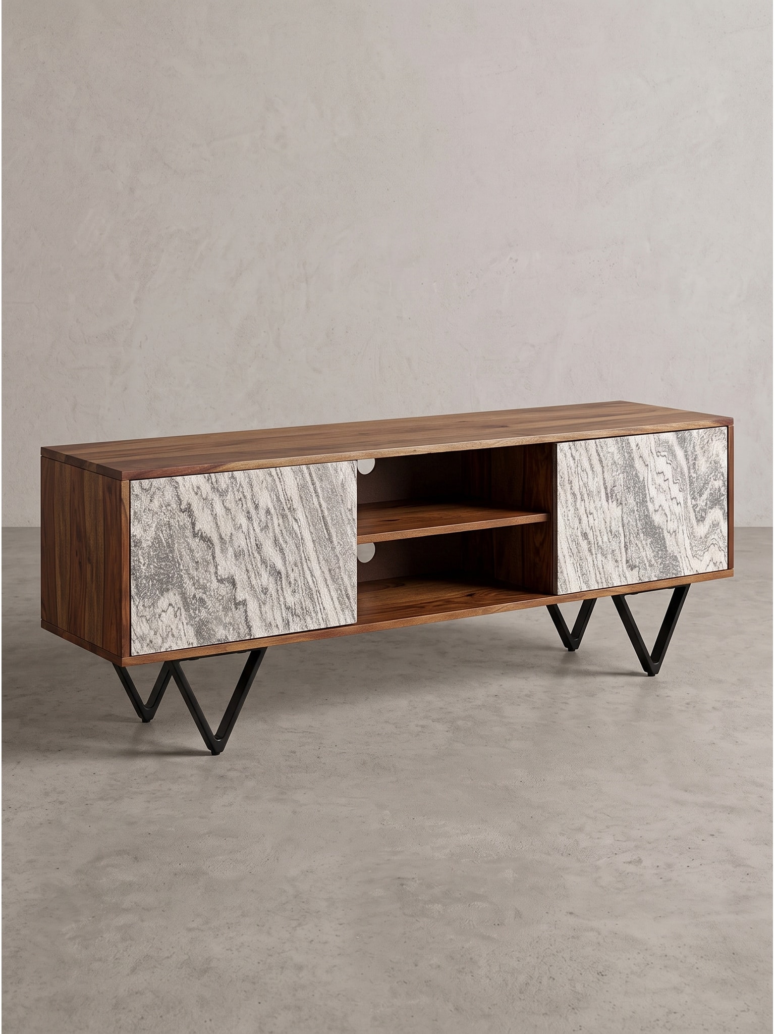 Lowboard Dunkles Massivholz Braun-Wei&szlig; 150x35x56 cm - AREZZO | Kadima - Bild 1