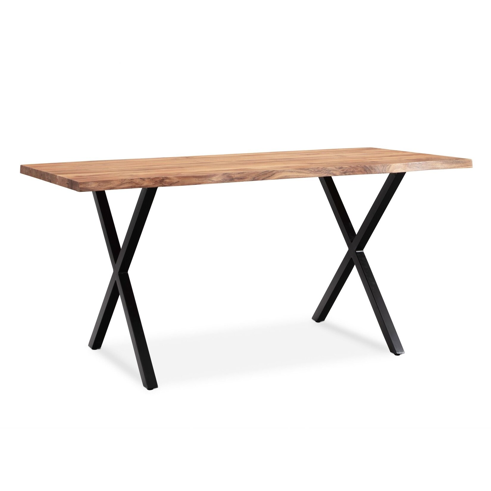 Esstisch Massivholz Metall X-Gestell Baumkante Industrial KRETA, Goldbraun-Schwarz 180x90x76 cm
