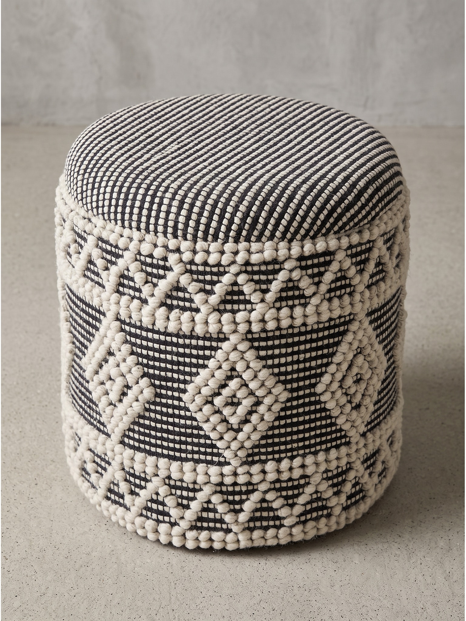 Sitzhocker Stoff mit Rautenstruktur Creme-Schwarz &Oslash; 40x45 cm | Kadima - Bild 1