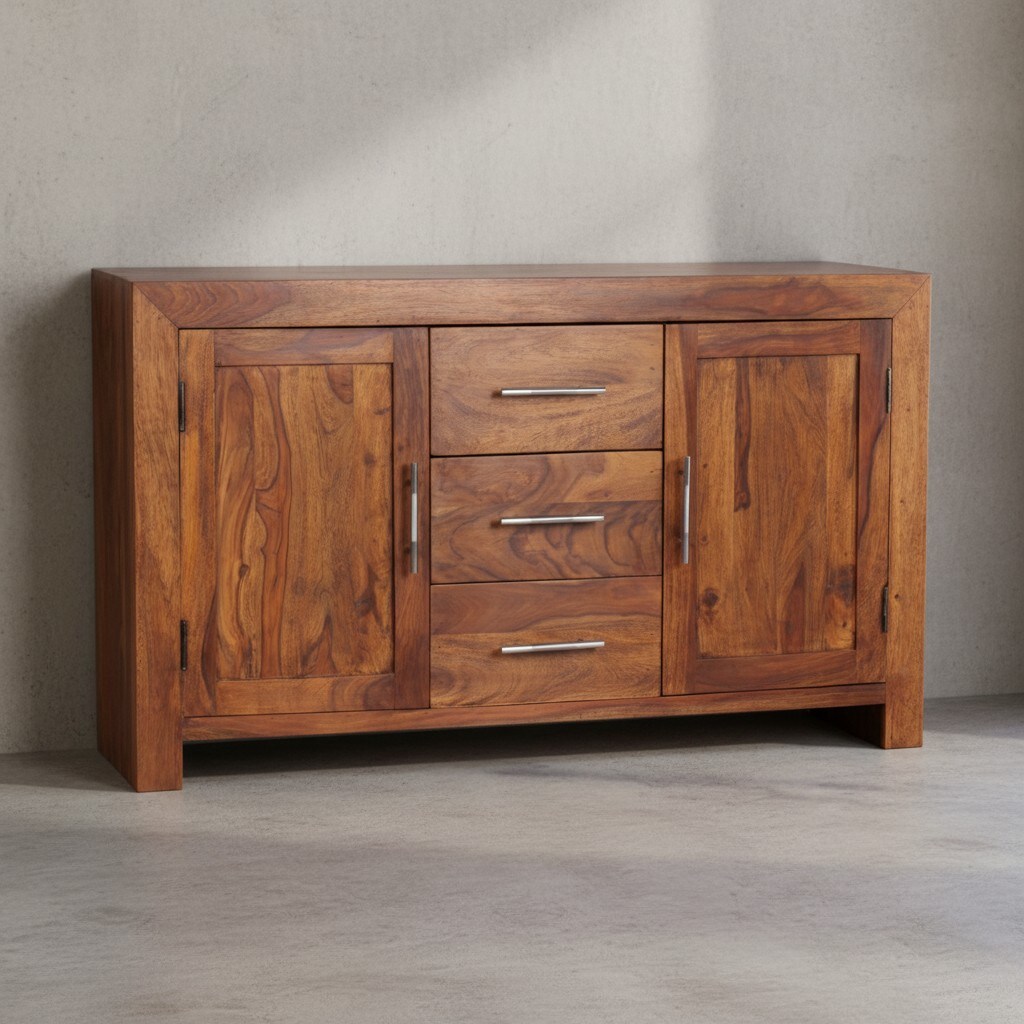 KADIMA DESIGN Elegantes Sideboard Sheesham, 3 Schubladen, 2 Türen, Landhaus-Stil