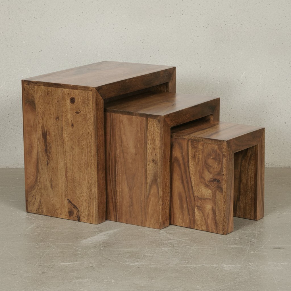 KADIMA DESIGN Satztisch Set: 3-teilig, Massivholz, platzsparend, handgefertigt, 45x50x30 cm, 37,5x37,5x28 cm, 30x25x25 cm. - Bild 1