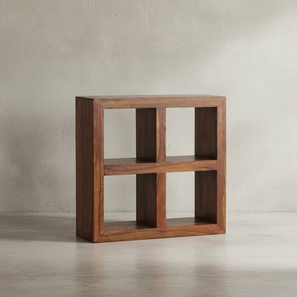 KADIMA DESIGN Sheesham Standregal: Massivholz, einzigartige Maserung, 4 Fächer, 82x82x34 cm.