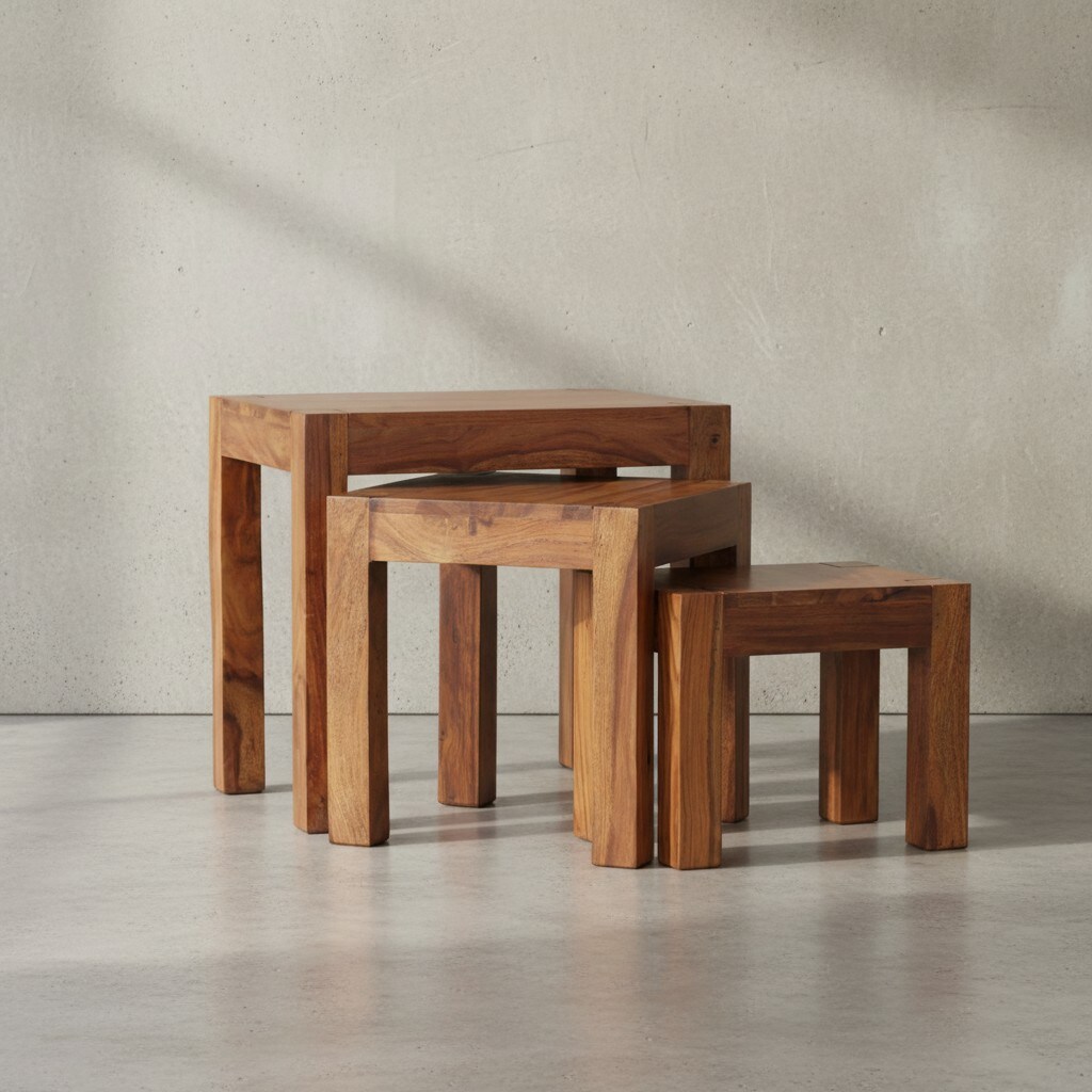 KADIMA DESIGN Holz Satztisch Set "NAKO": 3-teilig, Landhaus-Stil, Massivholz, platzsparend, 45x50x36 cm, 37x38x30 cm, 30x25x25 cm. - Bild 1