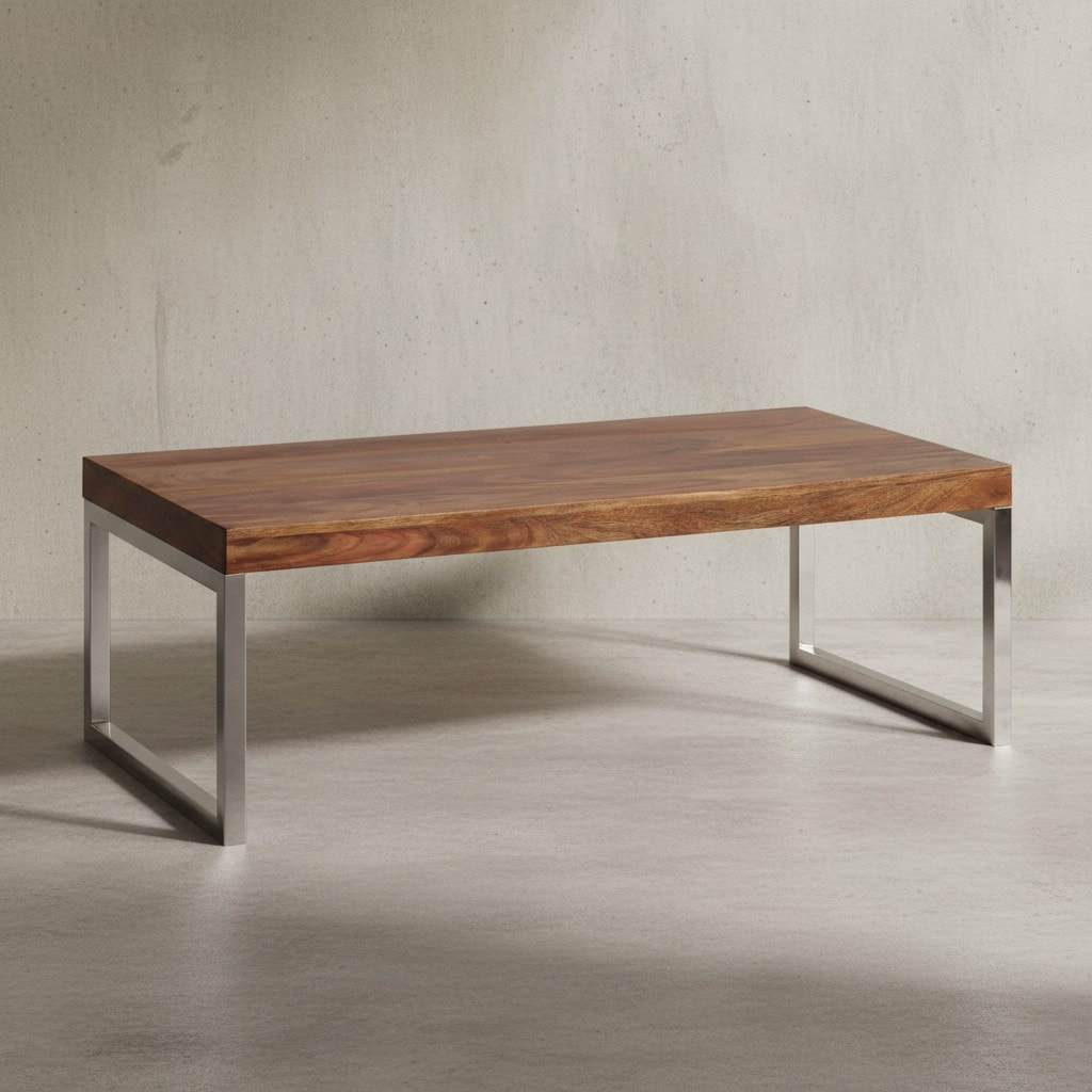 KADIMA DESIGN Couchtisch ISEN: Massivholz, Chromfüße, 120x40x60 cm, handgefertigt, Sheesham/Akazie.