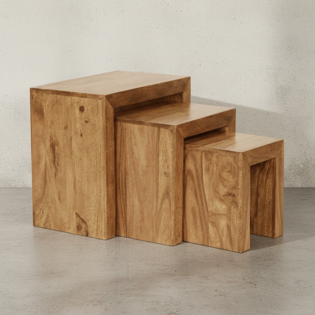 KADIMA DESIGN Satztisch Set: 3-teilig, Massivholz, platzsparend, handgefertigt, 45x50x30 cm, 37,5x37,5x28 cm, 30x25x25 cm.