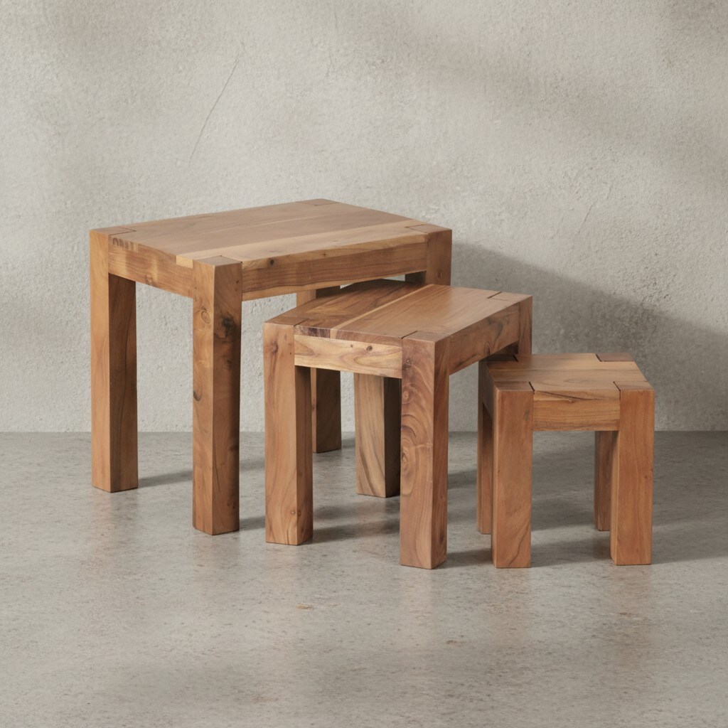 KADIMA DESIGN Holz Satztisch Set "NAKO": 3-teilig, Landhaus-Stil, Massivholz, platzsparend, 45x50x36 cm, 37x38x30 cm, 30x25x25 cm.