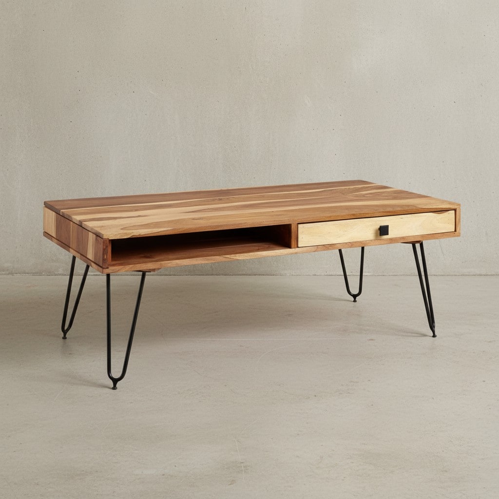 KADIMA DESIGN Couchtisch BALU mit Schubfächern: 110 cm breit, Sheesham Massivholz, Metallfüße, leichter Aufbau