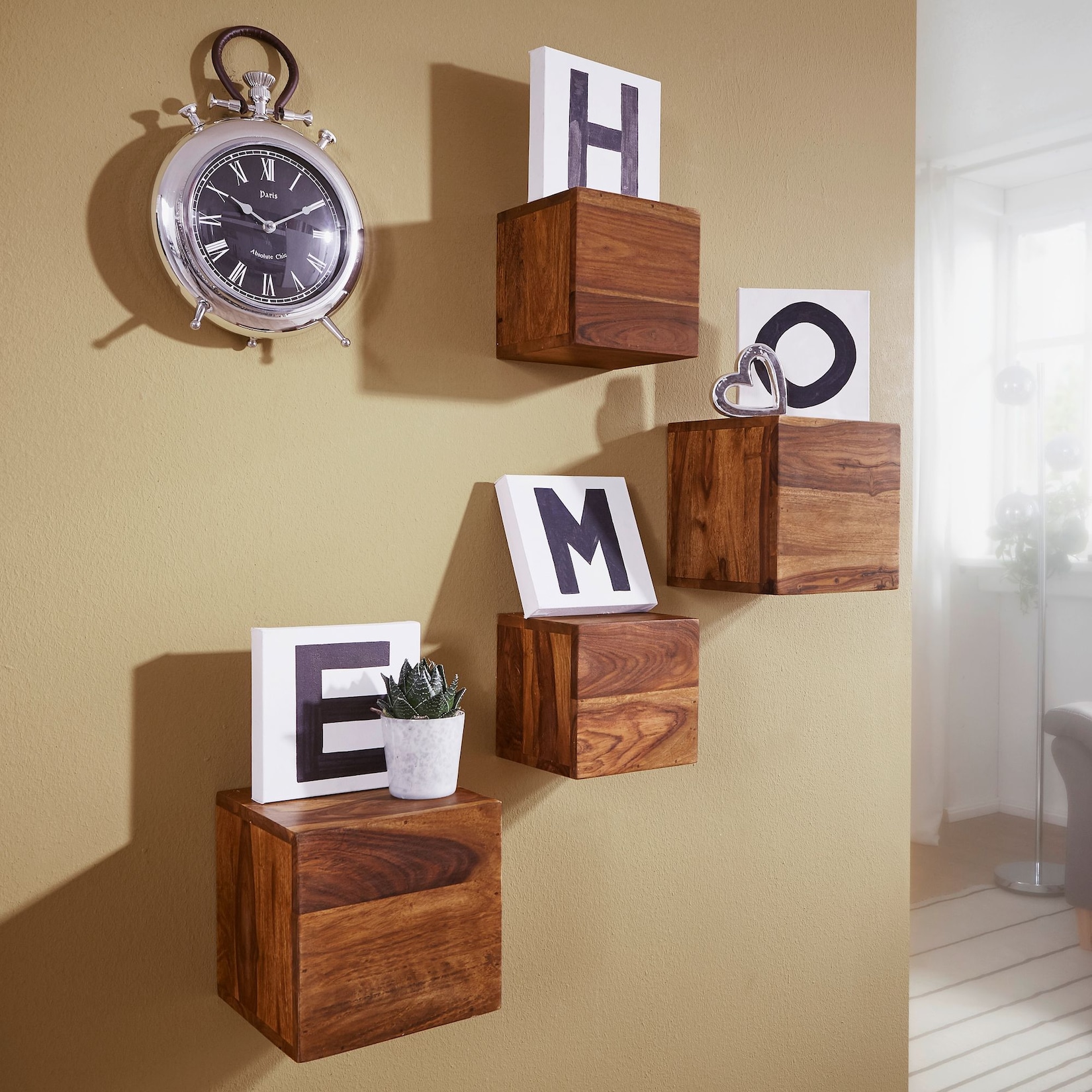 KADIMA DESIGN Set aus 4 Sheesham Massivholz Wandregalen, Cubes Design, für individuelle Raumgestaltung, handgefertigt, verschiedene Größen