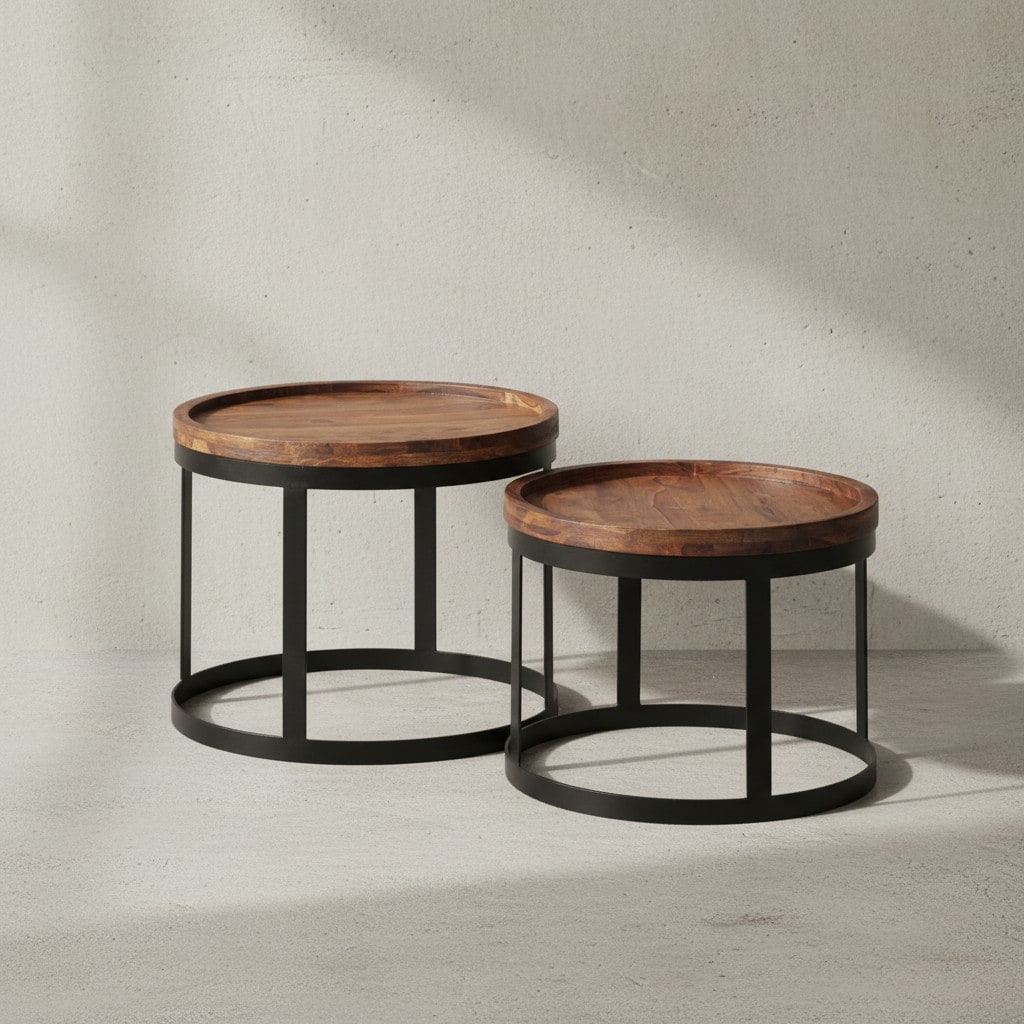 KADIMA DESIGN Beistelltisch-Set INDI: 2er Set, runde Tischplatten, Metallgestell, Massivholz, naturbelassen