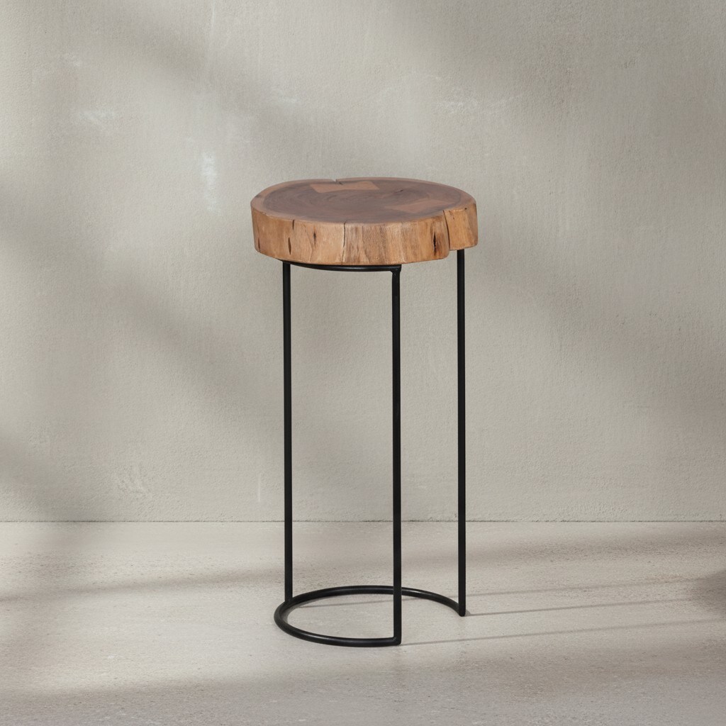 KADIMA DESIGN Beistelltisch INDI Massivholz: Baumstamm-Tischplatte, Metallgestell, Landhausstil, handgefertigt
