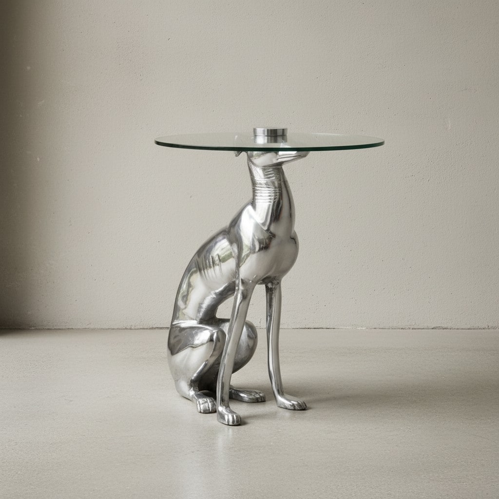 KADIMA DESIGN Windhund Skulptur Deko Beistelltisch, Aluminium/Glas - Handgefertigt, Einzigartig