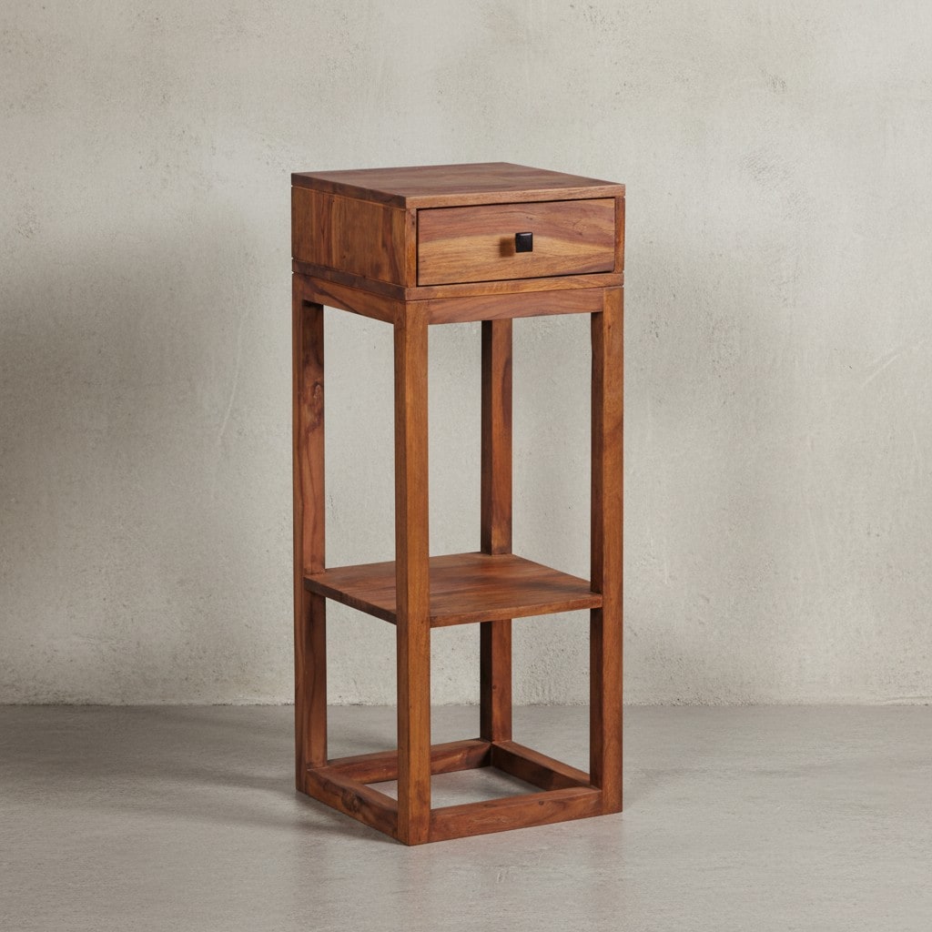 KADIMA DESIGN Massiver Sheesham Beistelltisch, quadratisch, mit Schublade und Ablagefach, ideal f&uuml;r Wohnzimmer oder Schlafzimmer - Bild 1