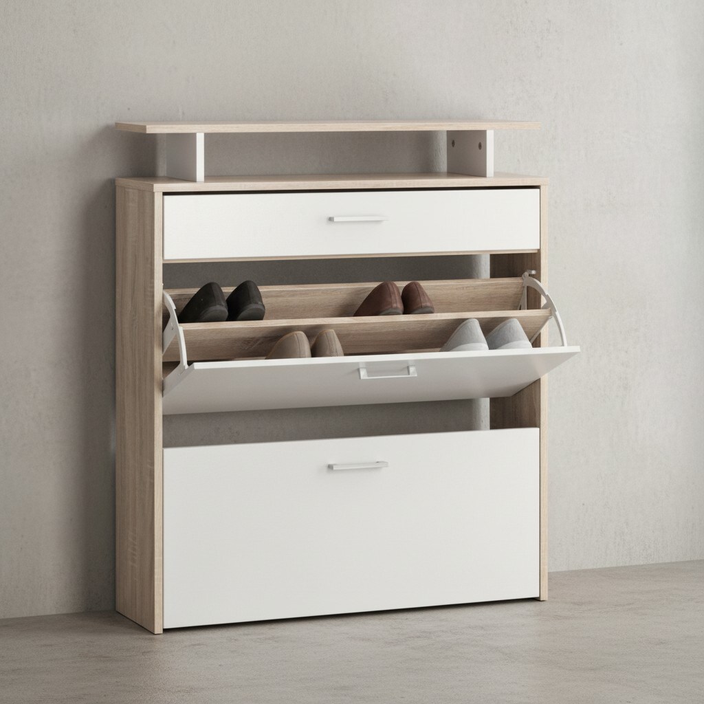KADIMA DESIGN Schuhkipper mit Schublade - Sonoma Eiche, 4 F&auml;cher, Gro&szlig;z&uuml;gige Ablagefl&auml;che, Formsch&ouml;ne Griffe, MDF Holz, KADIMA DESIGN - Bild 1